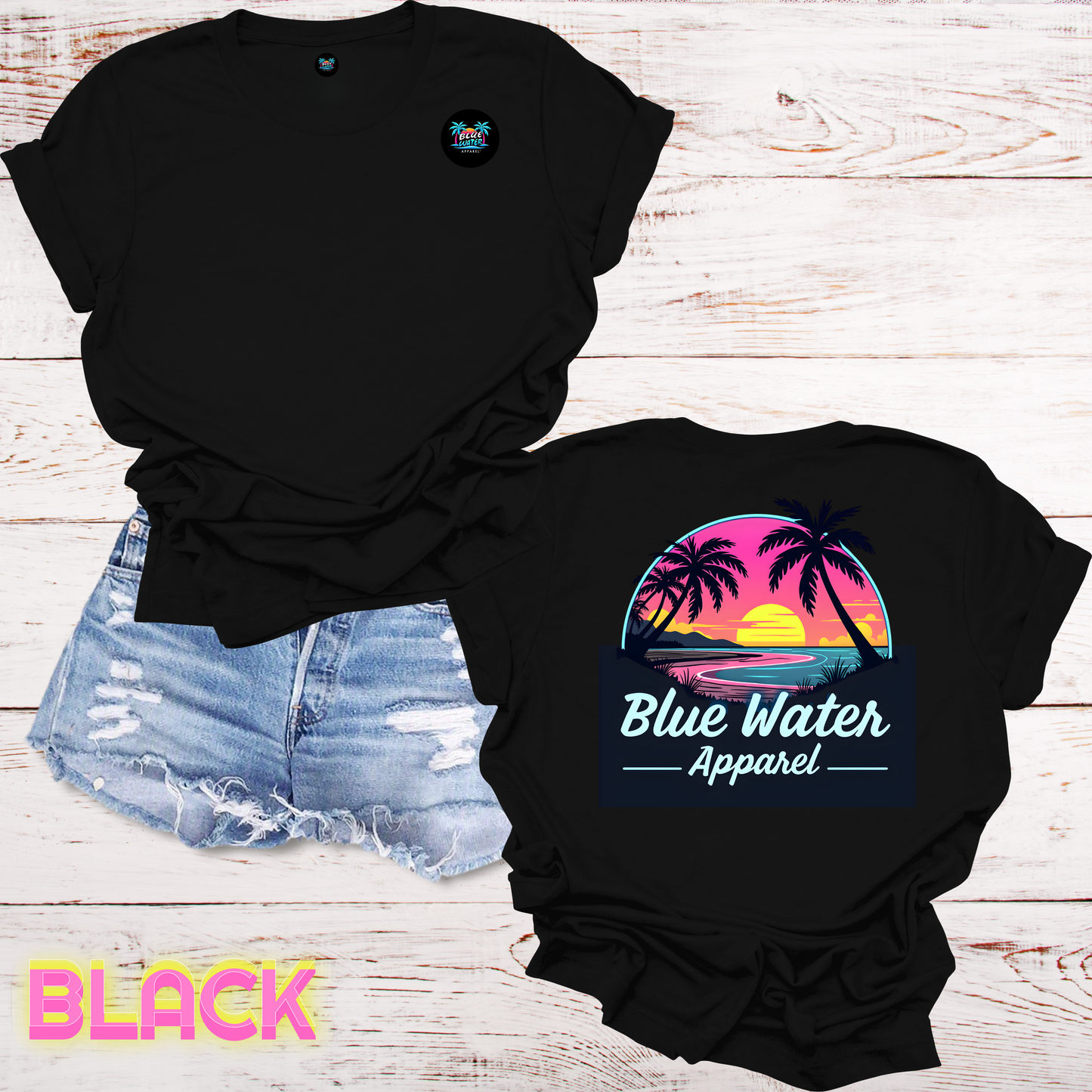 Neon Sunset Tropical T-Shirt Back Graphic w/Front Logo, Design by Blue Water Apparel, Unisex Tee, 13 Colors Available