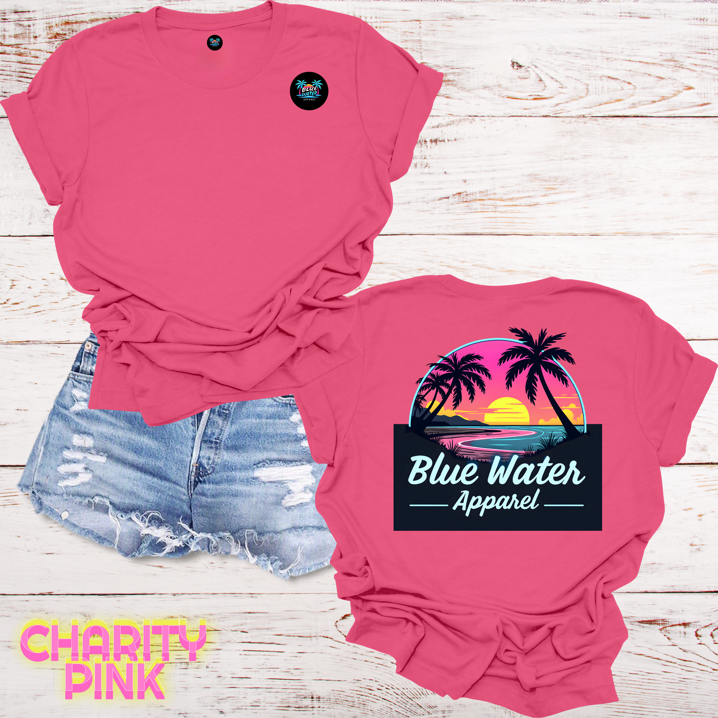 Neon Sunset Tropical T-Shirt Back Graphic w/Front Logo, Design by Blue Water Apparel, Unisex Tee, 13 Colors Available