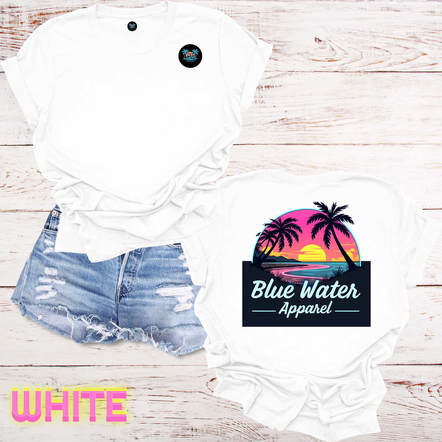 Neon Sunset Tropical T-Shirt Back Graphic w/Front Logo, Design by Blue Water Apparel, Unisex Tee, 13 Colors Available