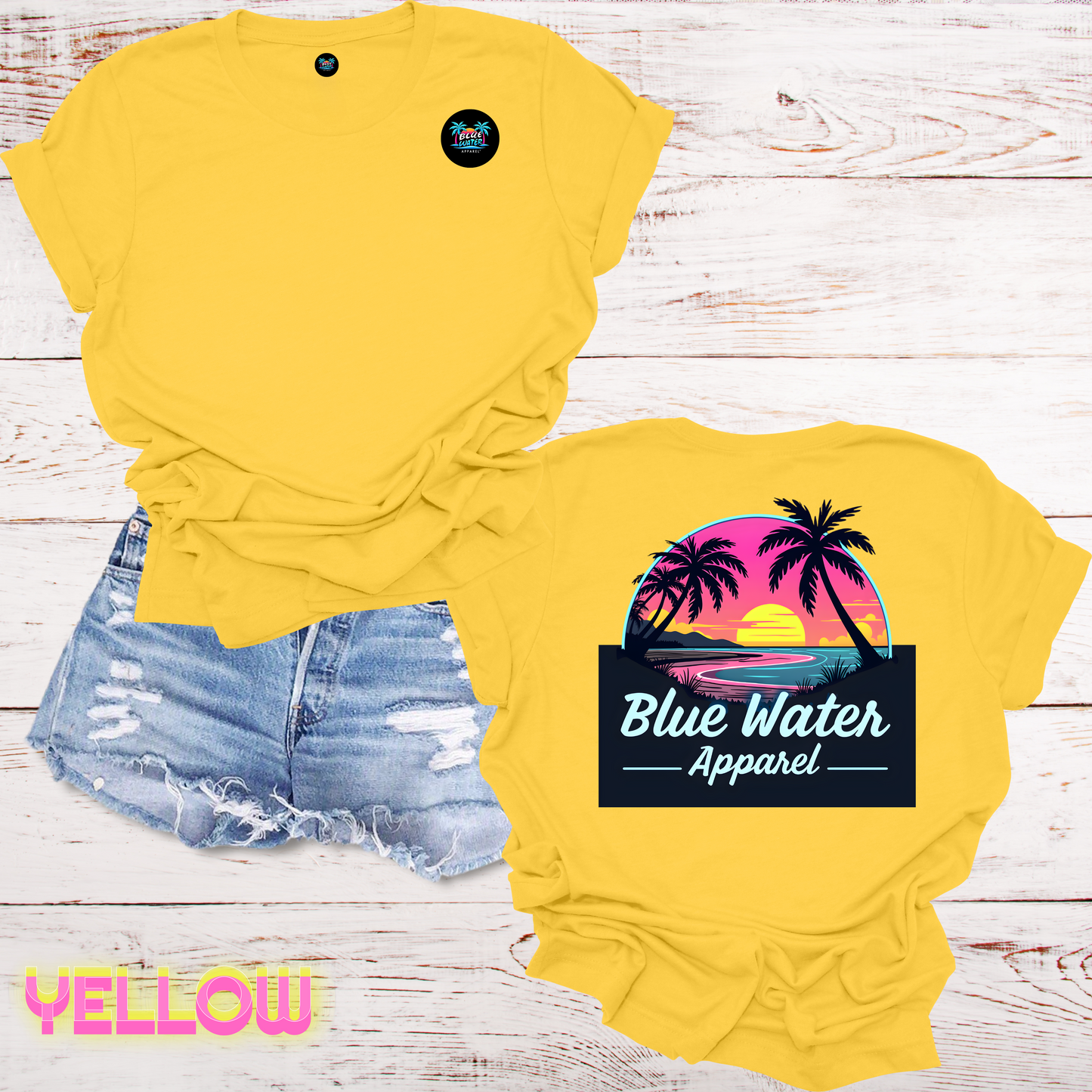 Neon Sunset Tropical T-Shirt Back Graphic w/Front Logo, Design by Blue Water Apparel, Unisex Tee, 13 Colors Available