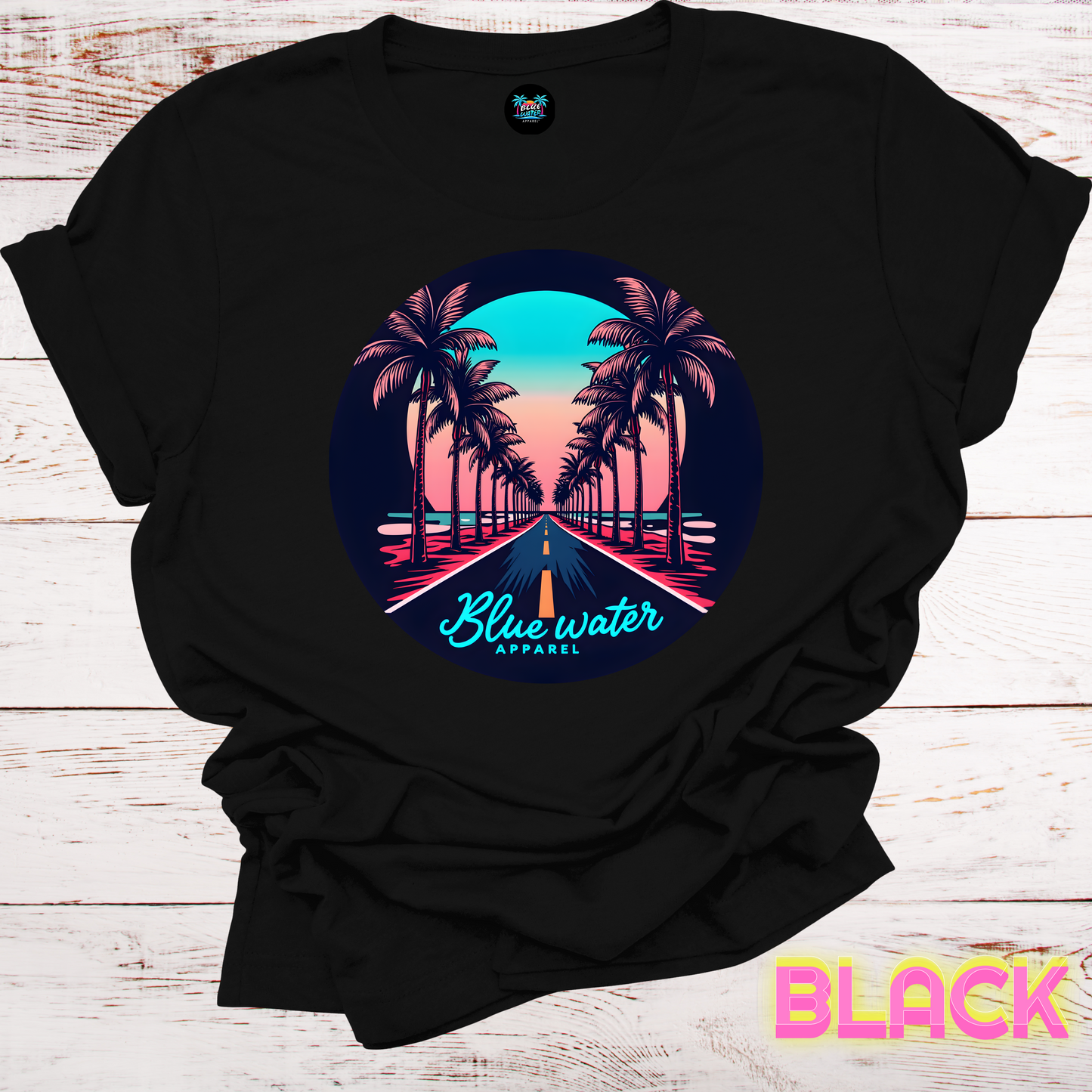 Palm Tree Road Unisex Soft Tee by Blue Water Apparel, Front Placement of Graphic, 13 Colors