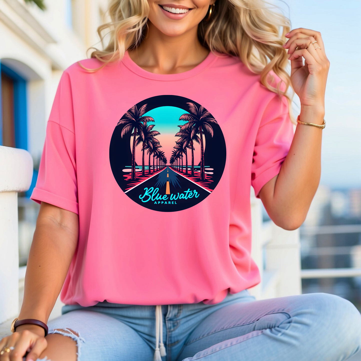 Palm Tree Road Unisex Soft Tee by Blue Water Apparel, Front Placement of Graphic, 13 Colors