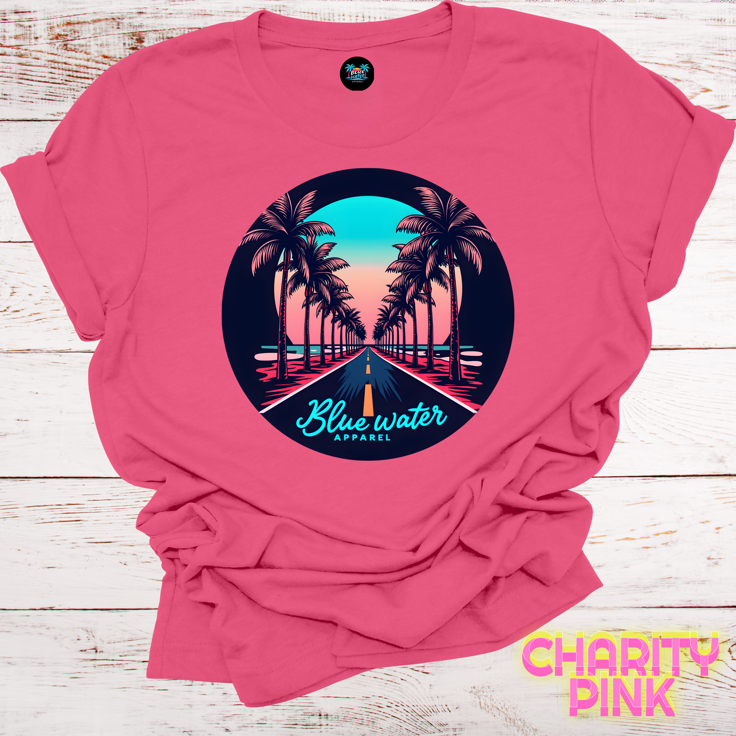 Palm Tree Road Unisex Soft Tee by Blue Water Apparel, Front Placement of Graphic, 13 Colors