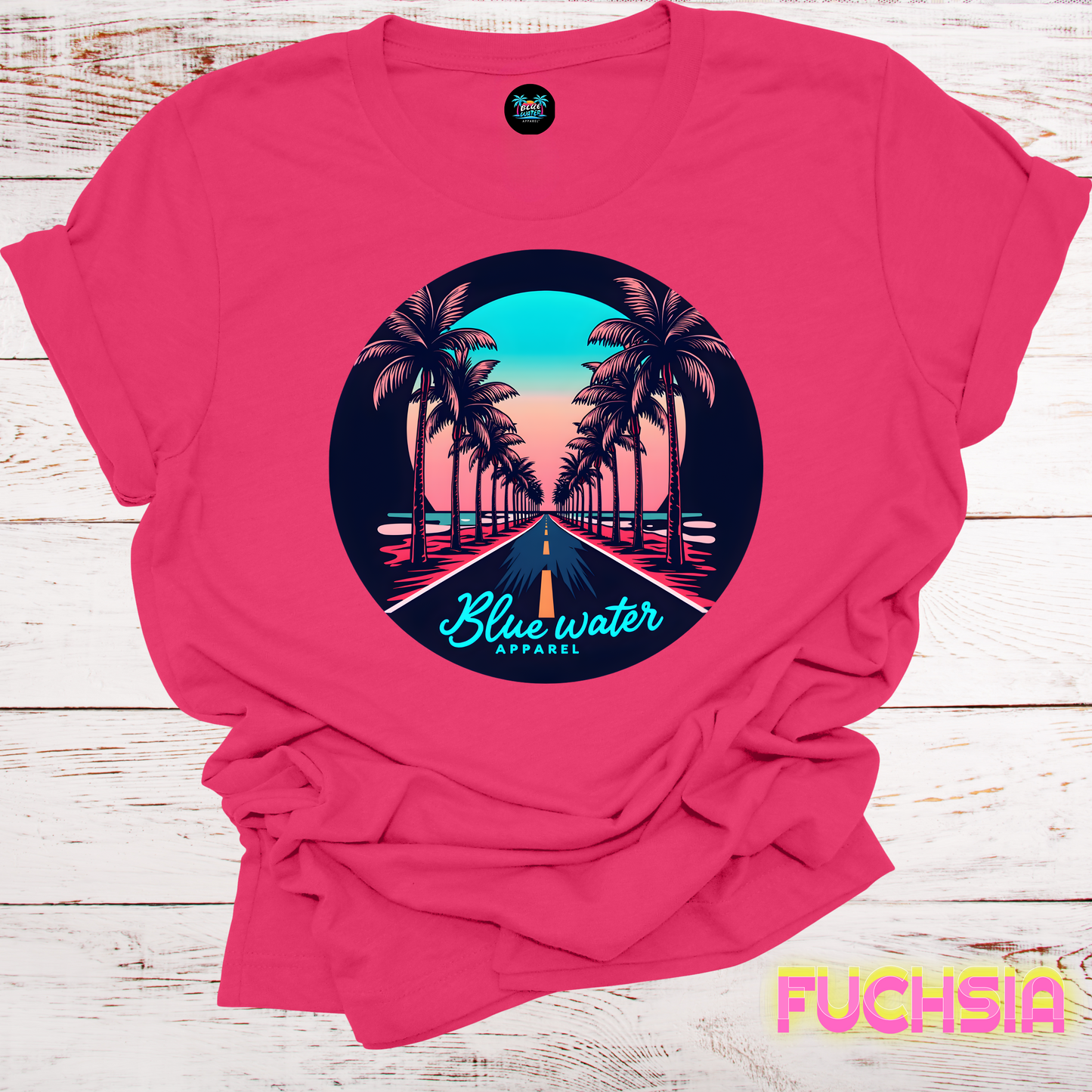 Palm Tree Road Unisex Soft Tee by Blue Water Apparel, Front Placement of Graphic, 13 Colors