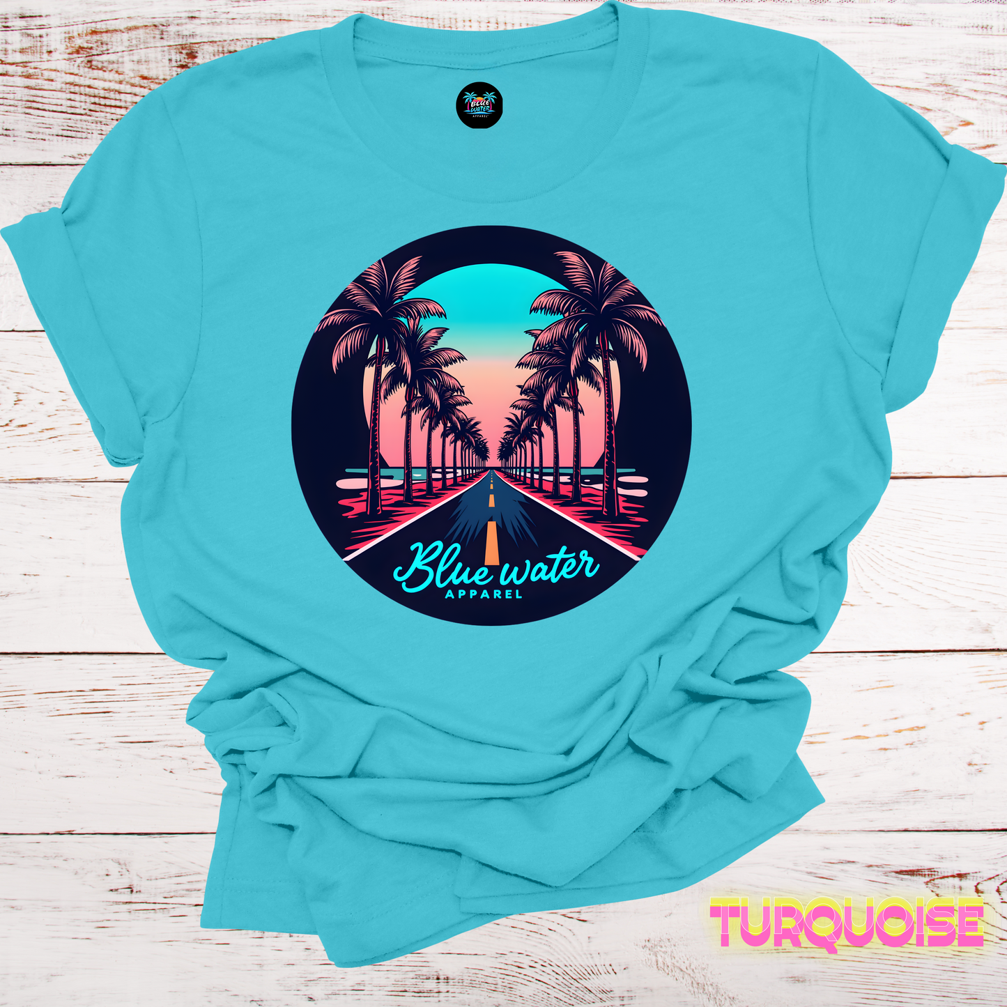 Palm Tree Road Unisex Soft Tee by Blue Water Apparel, Front Placement of Graphic, 13 Colors