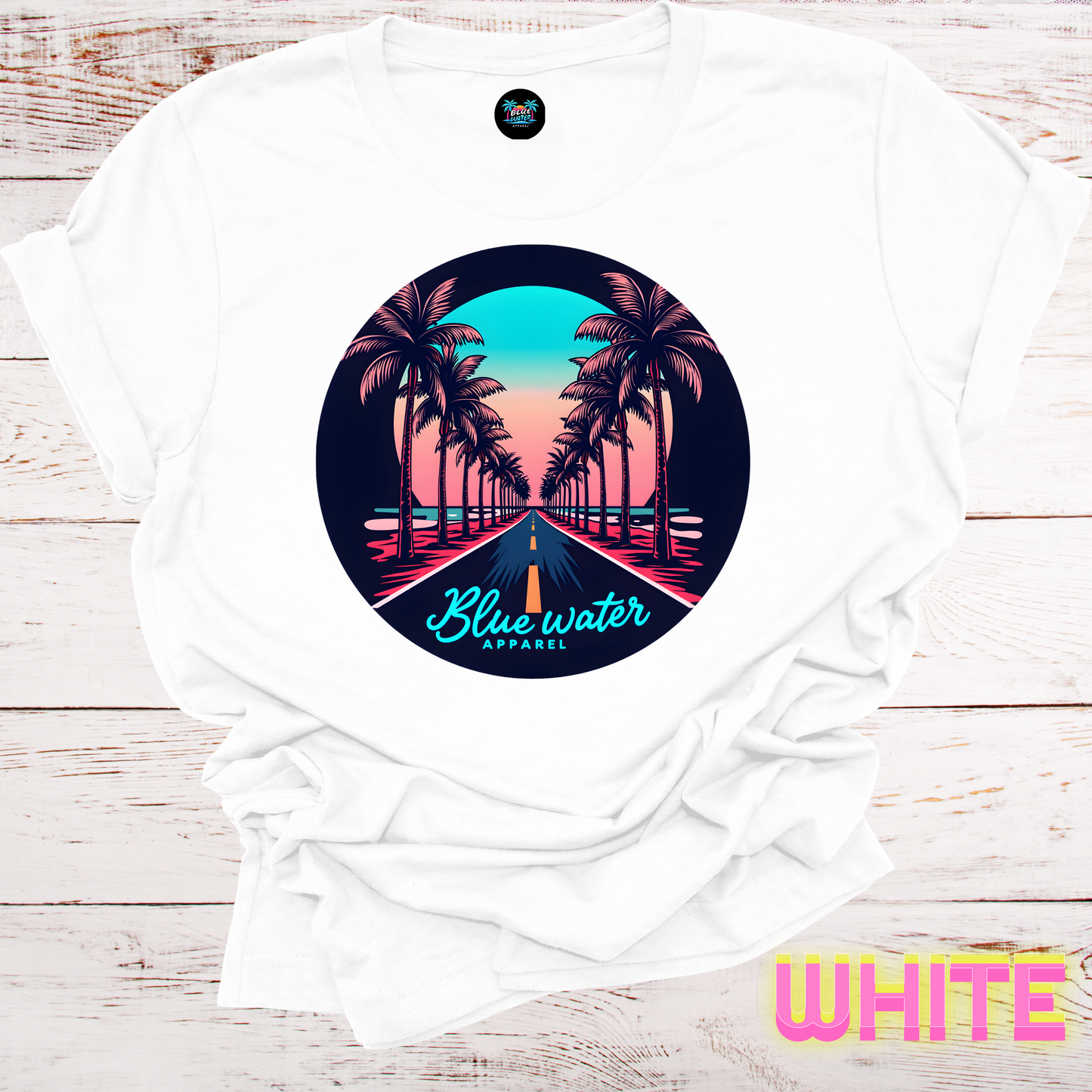 Palm Tree Road Unisex Soft Tee by Blue Water Apparel, Front Placement of Graphic, 13 Colors