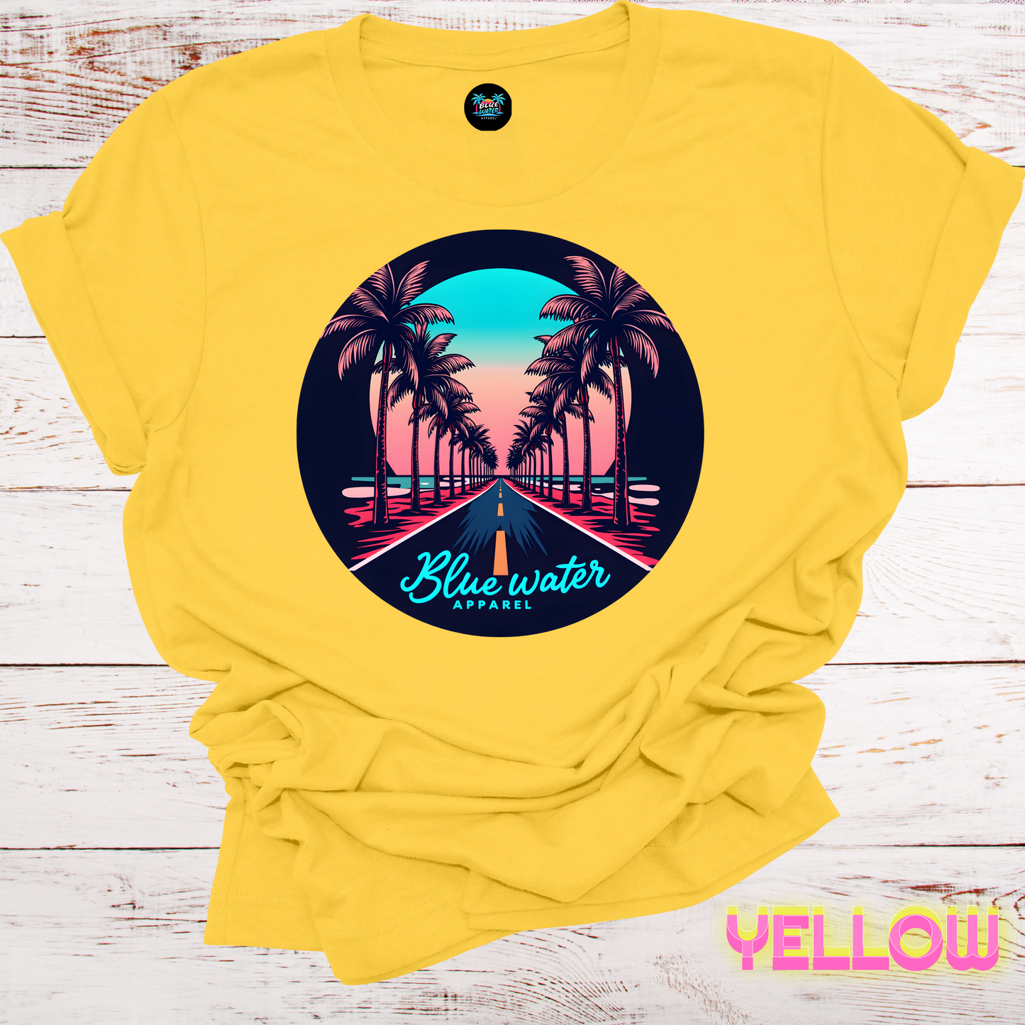 Palm Tree Road Unisex Soft Tee by Blue Water Apparel, Front Placement of Graphic, 13 Colors