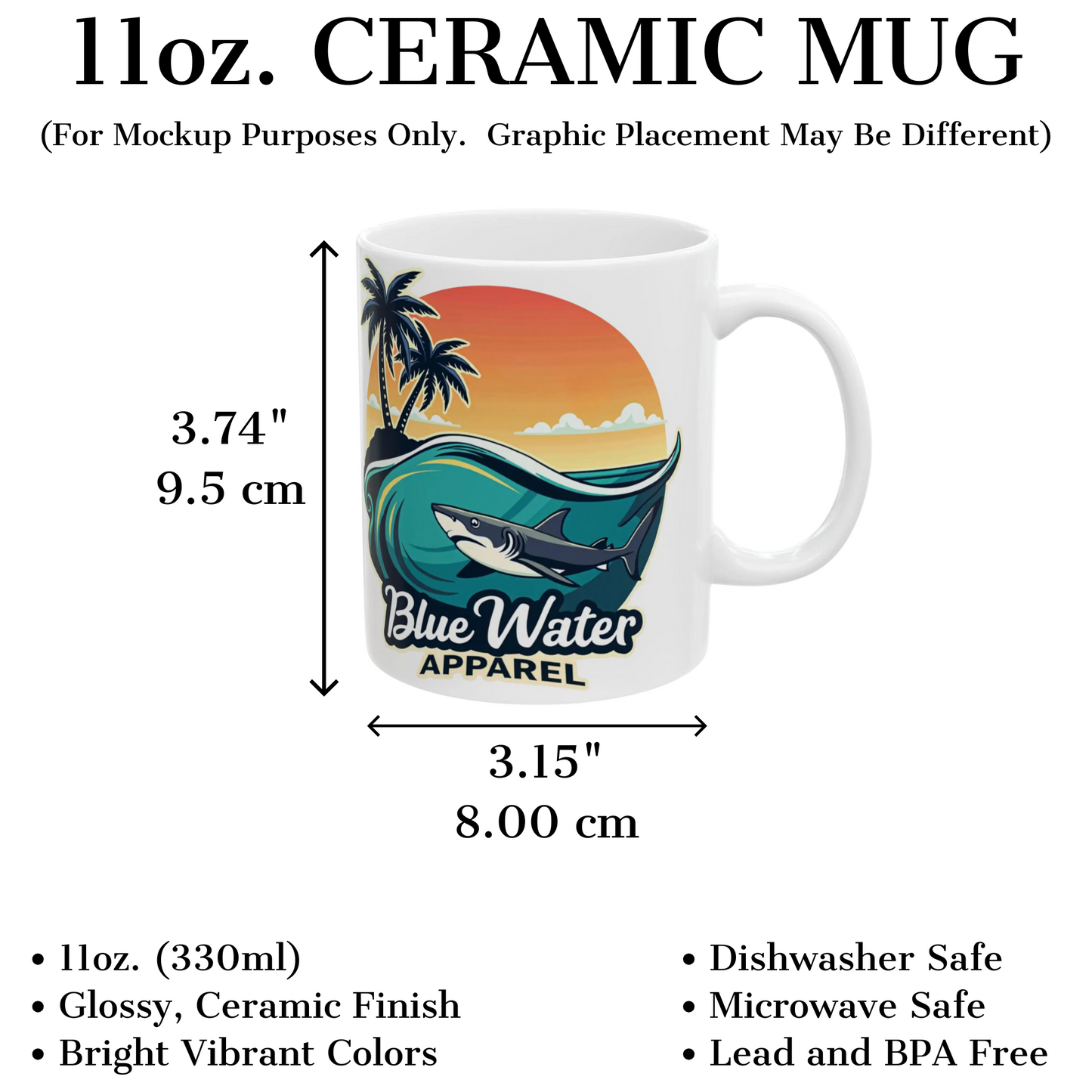 measurement and description graphic of shark wave coffee mug by blue water apparel
