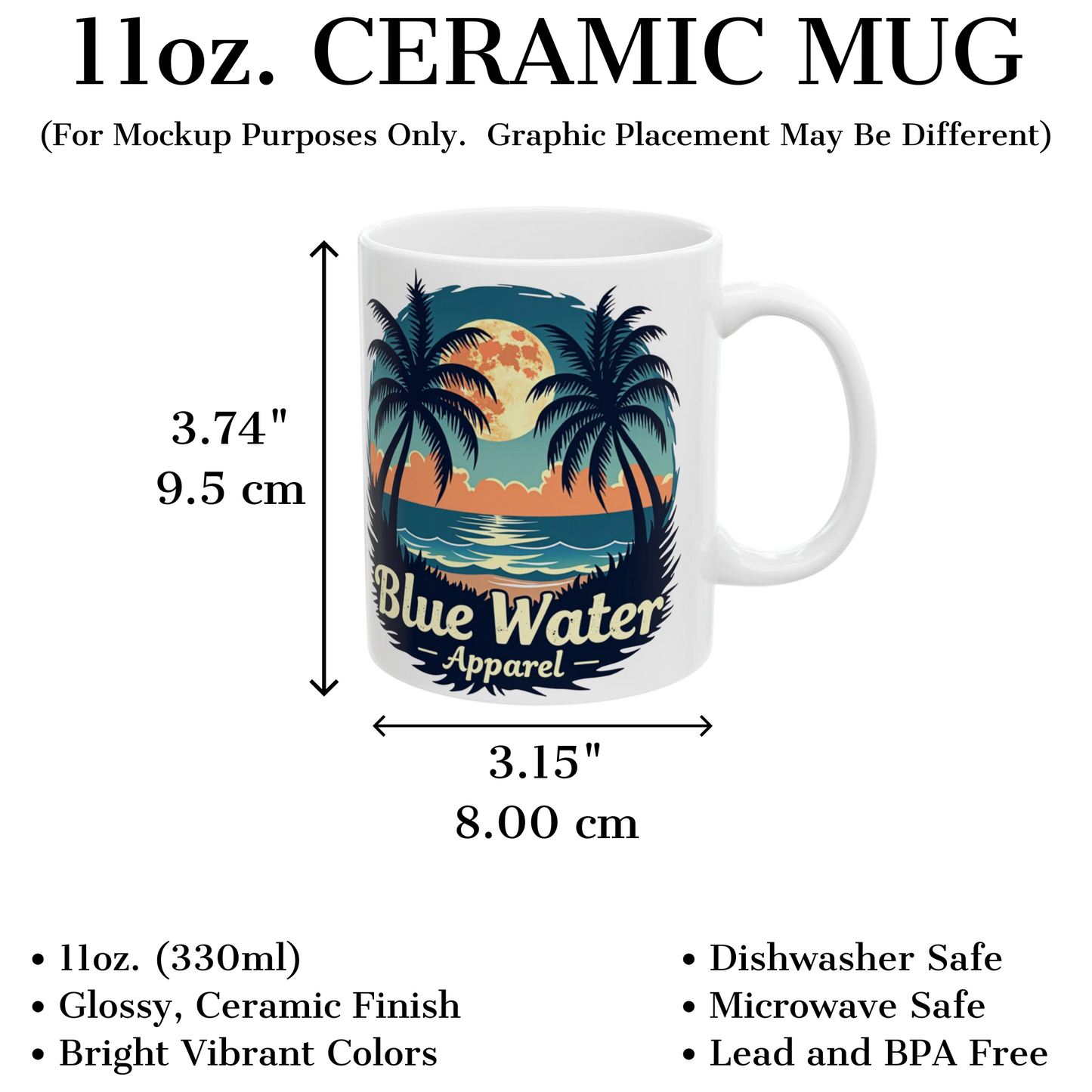 measurements and description graphic of tropical moon coffee mug by blue water apparel