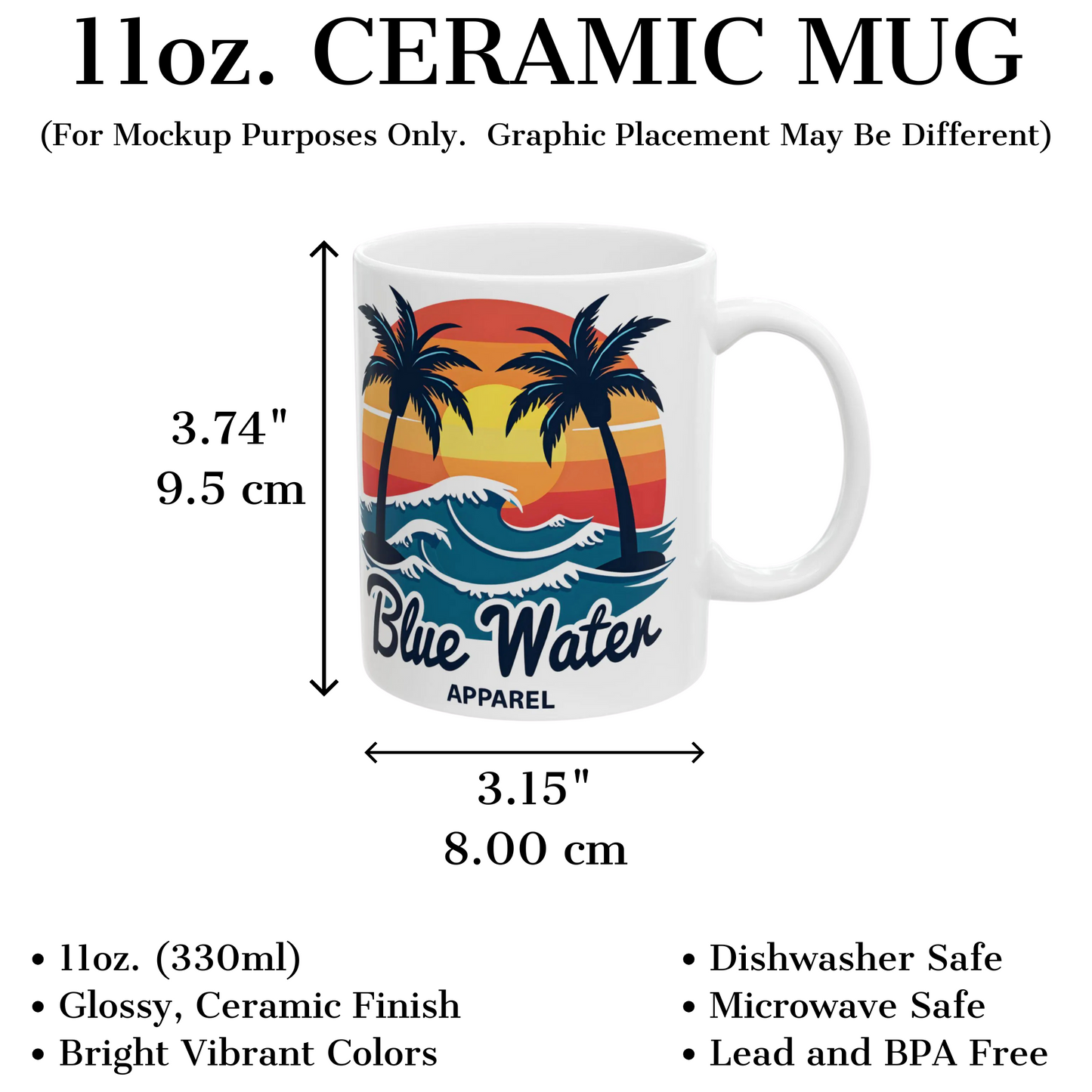 measurements and description graphic of vintage sunset coffee mug by blue water apparel