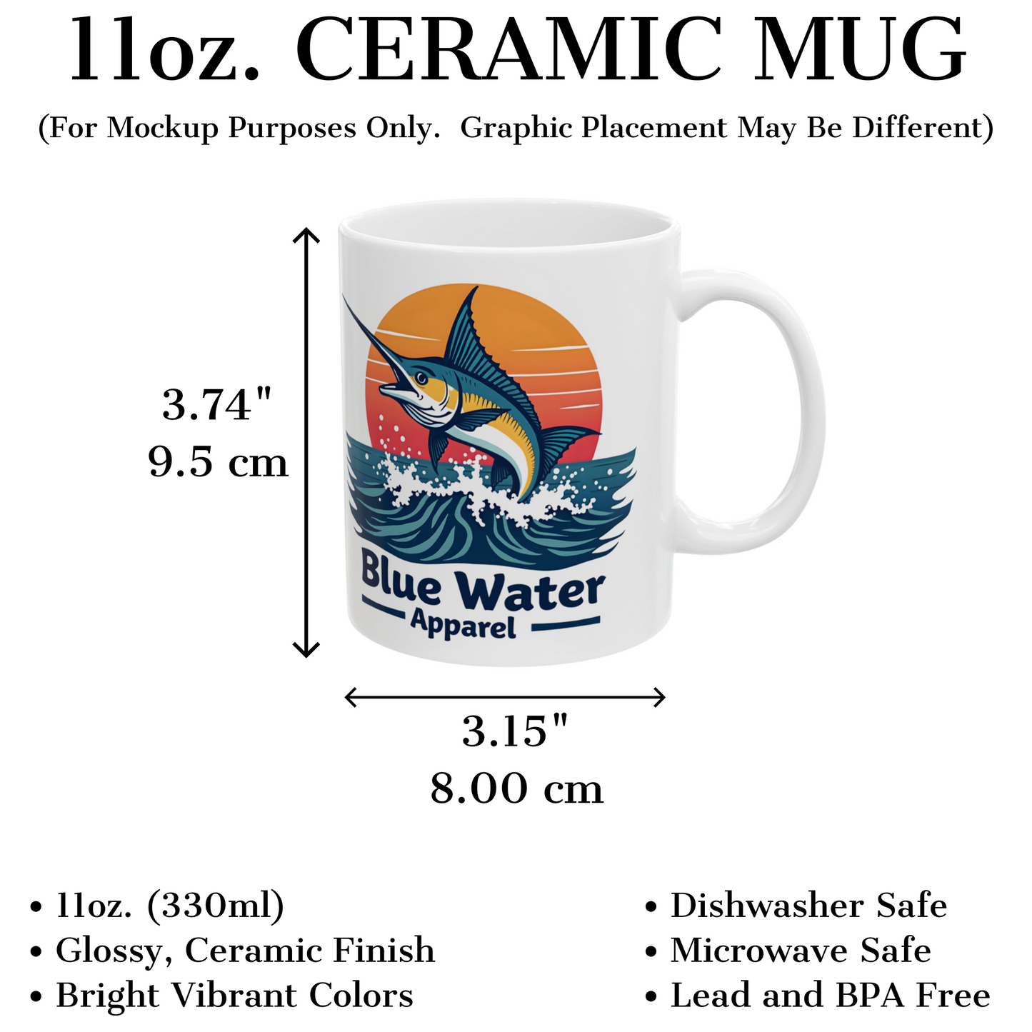 description and measurement graphic of vintage marlin coffee mug by blue water apparel