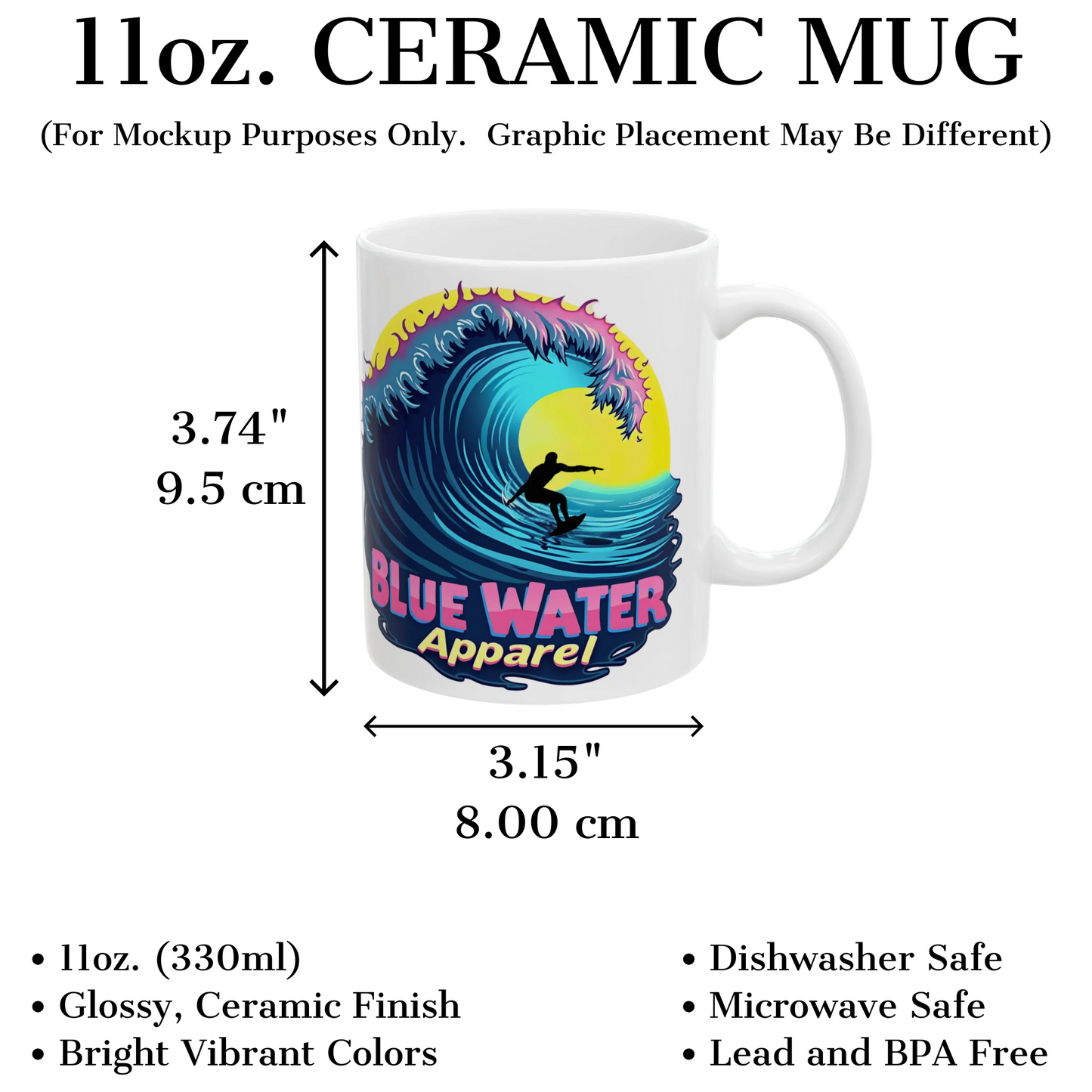 measurement and description graphic of neon surfer coffee mug by blue water apparel