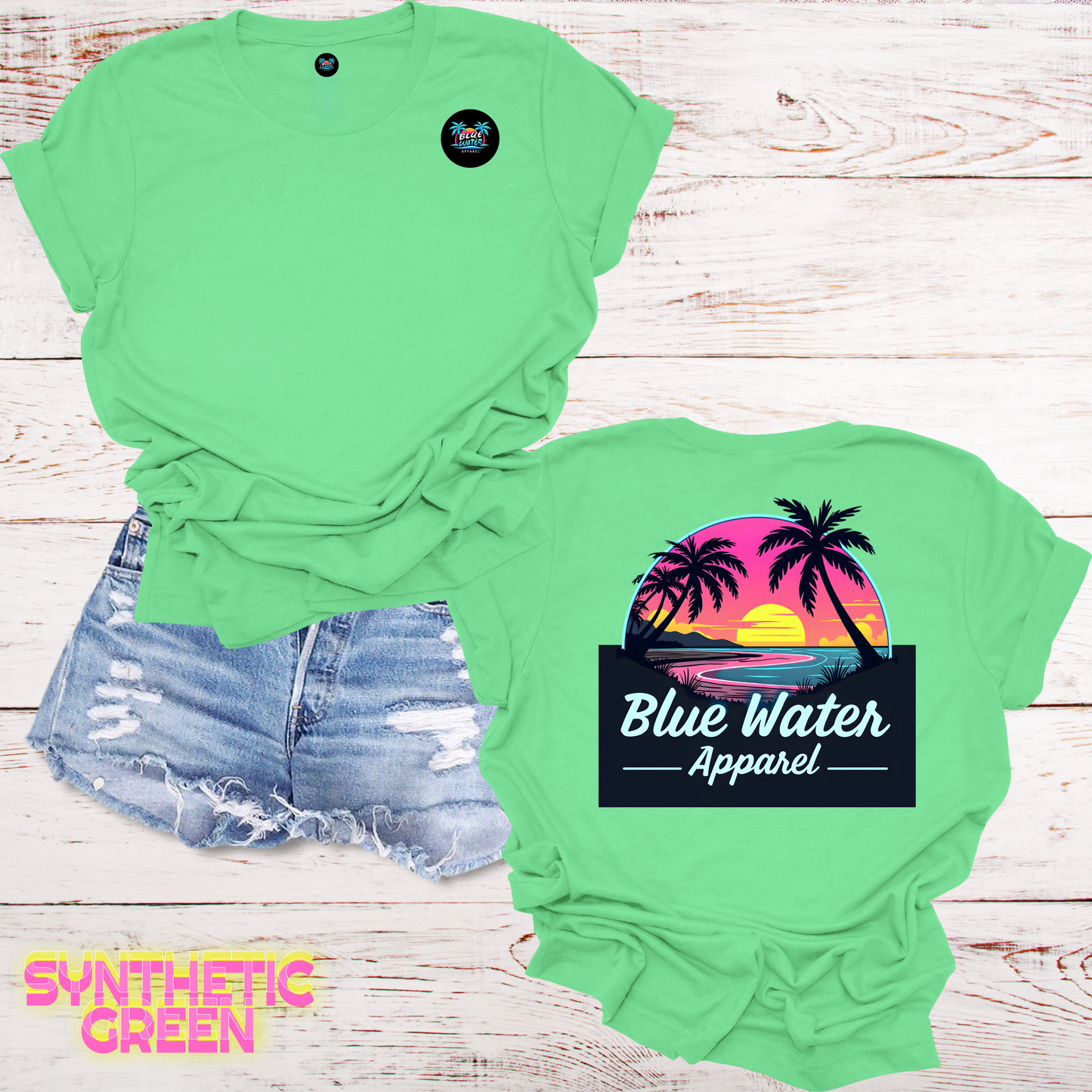 Neon Sunset Tropical T-Shirt Back Graphic w/Front Logo, Design by Blue Water Apparel, Unisex Tee, 13 Colors Available