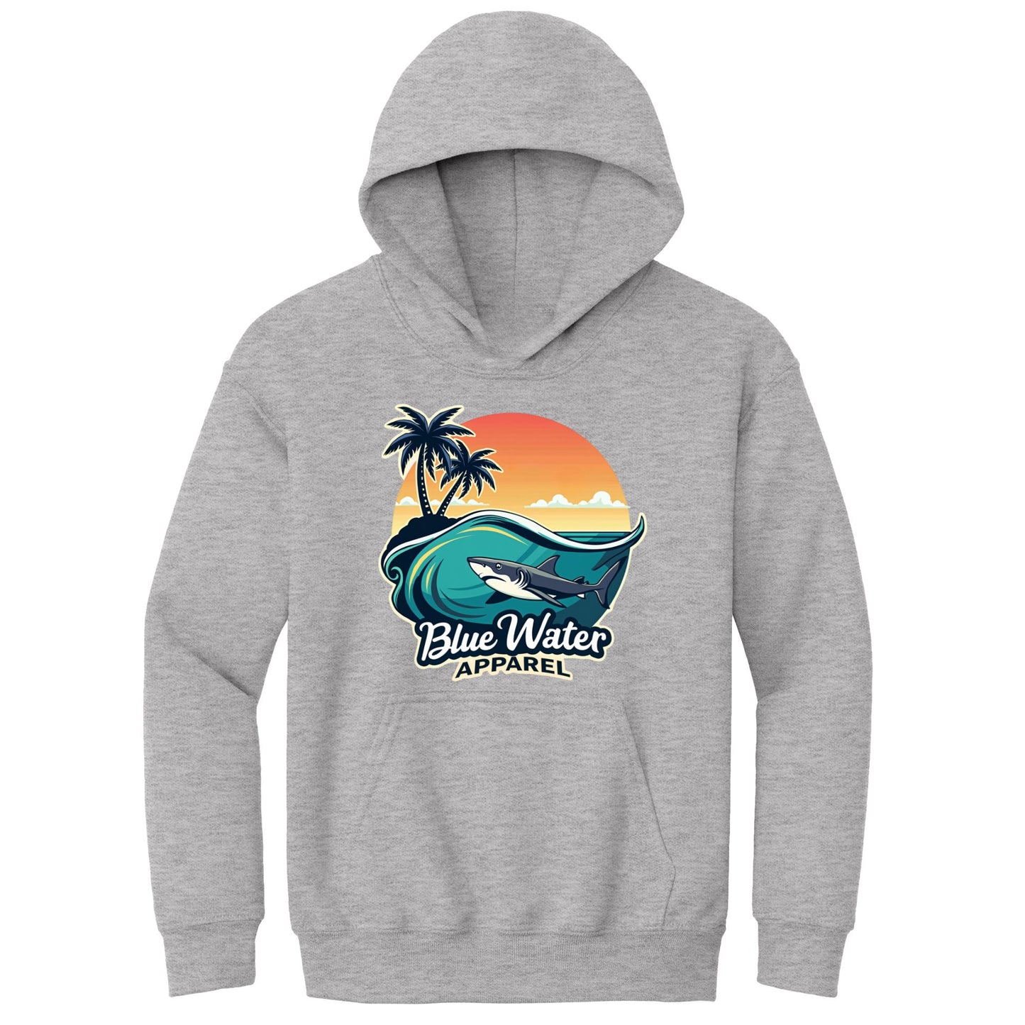 sport grey flat lay shark wave kids hoodie by blue water apparel