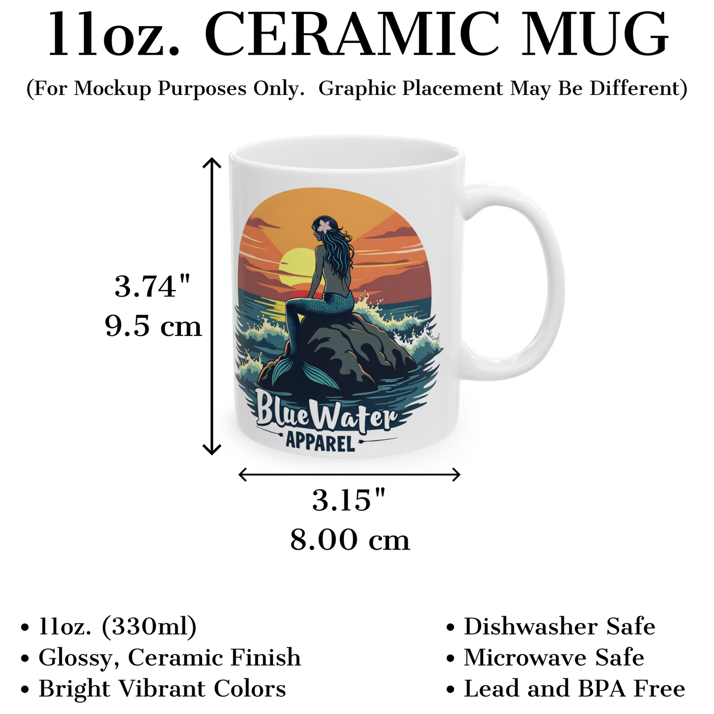 measurements and description graphic of mermaid sunset coffee mug by blue water apparel