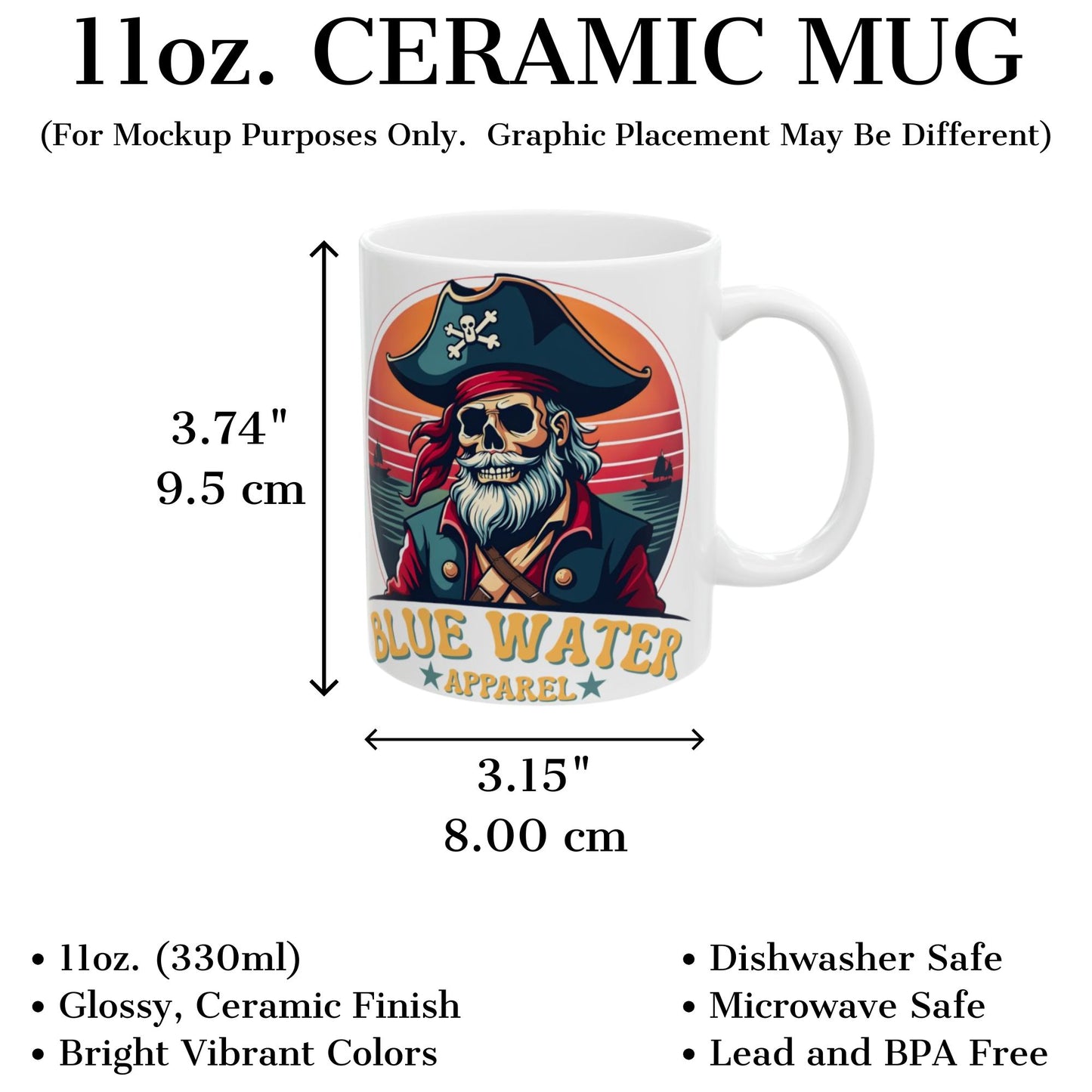 measurements and description graphic of vintage pirate coffee mug by blue water apparel