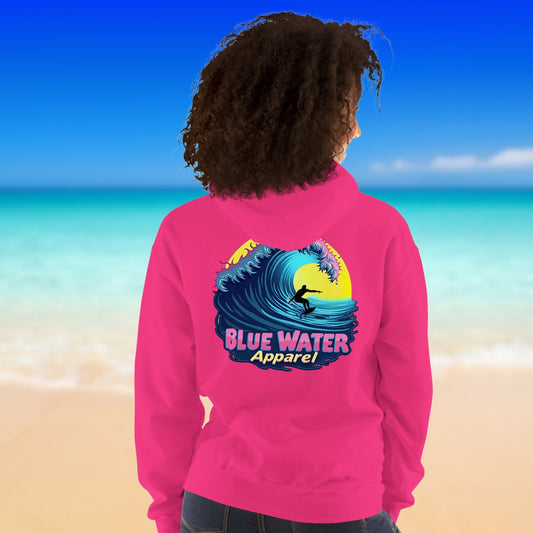 model on beach wearing heliconia neon surfer adult hoodie by blue water apparel