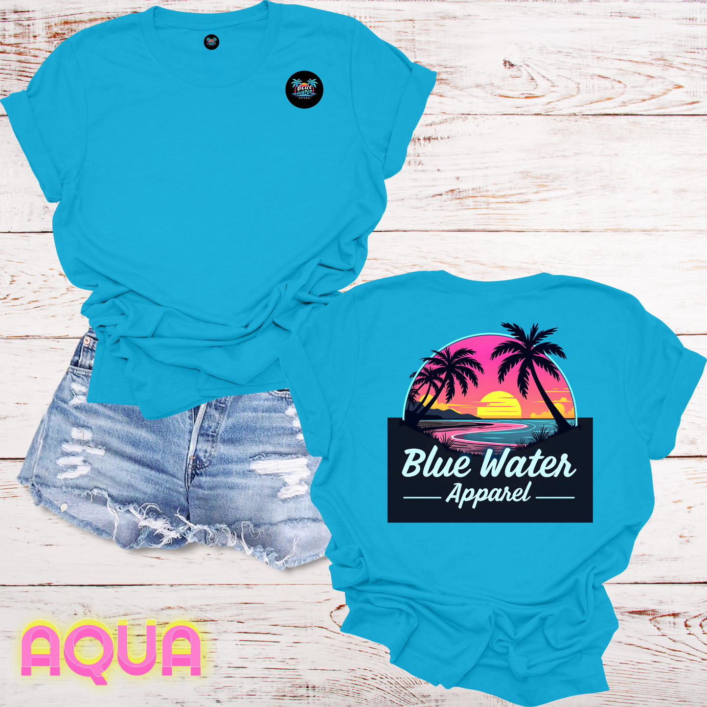 Neon Sunset Tropical T-Shirt Back Graphic w/Front Logo, Design by Blue Water Apparel, Unisex Tee, 13 Colors Available