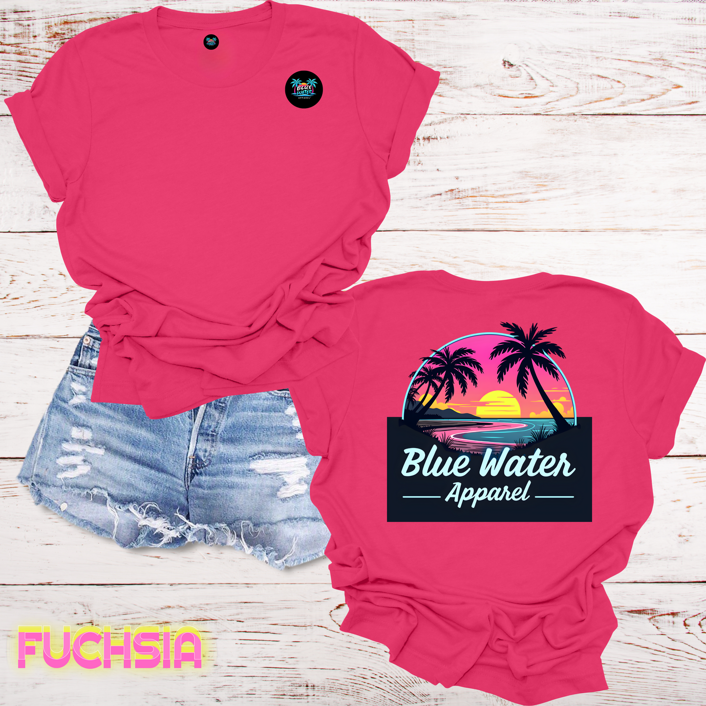 Neon Sunset Tropical T-Shirt Back Graphic w/Front Logo, Design by Blue Water Apparel, Unisex Tee, 13 Colors Available