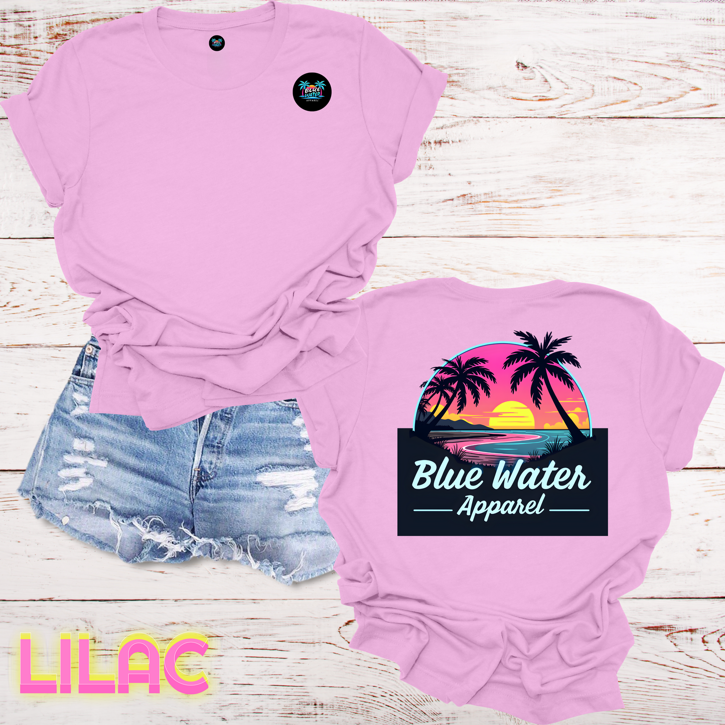 Neon Sunset Tropical T-Shirt Back Graphic w/Front Logo, Design by Blue Water Apparel, Unisex Tee, 13 Colors Available