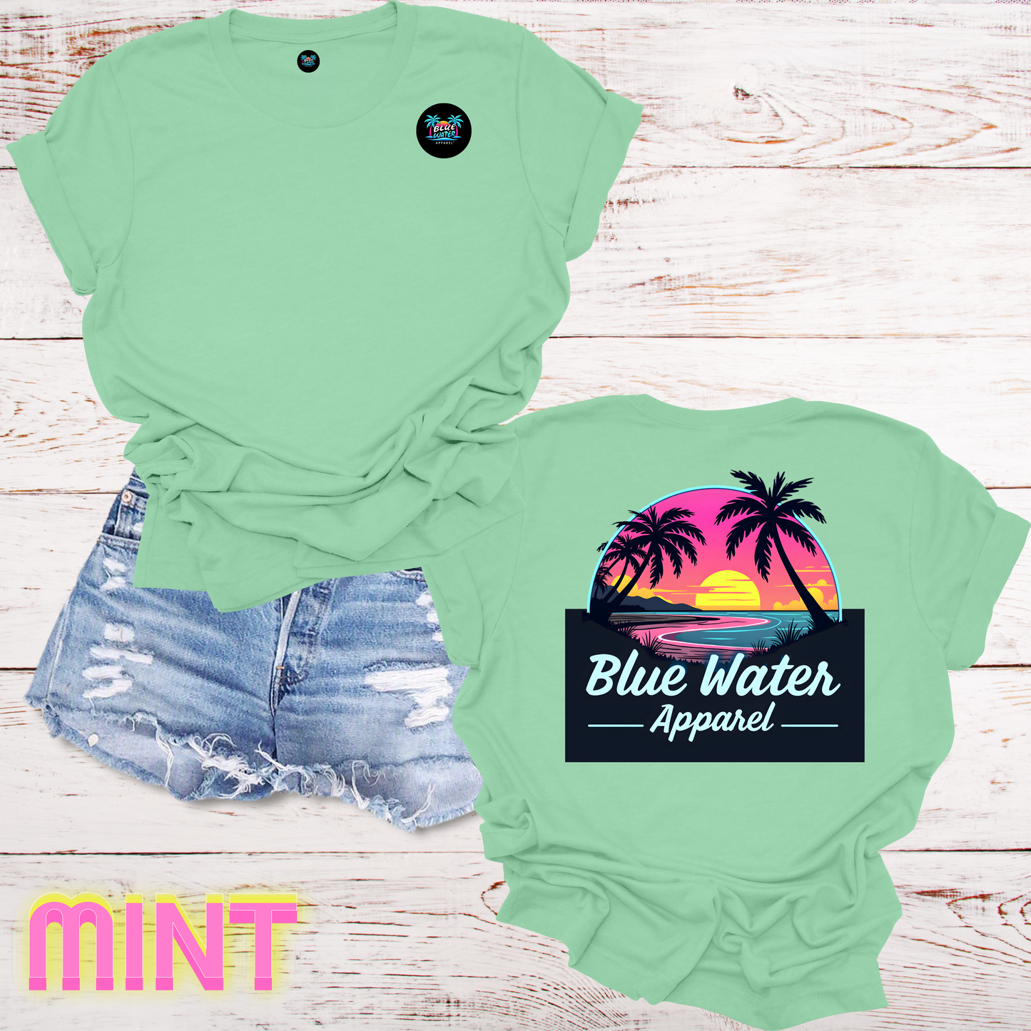 Neon Sunset Tropical T-Shirt Back Graphic w/Front Logo, Design by Blue Water Apparel, Unisex Tee, 13 Colors Available