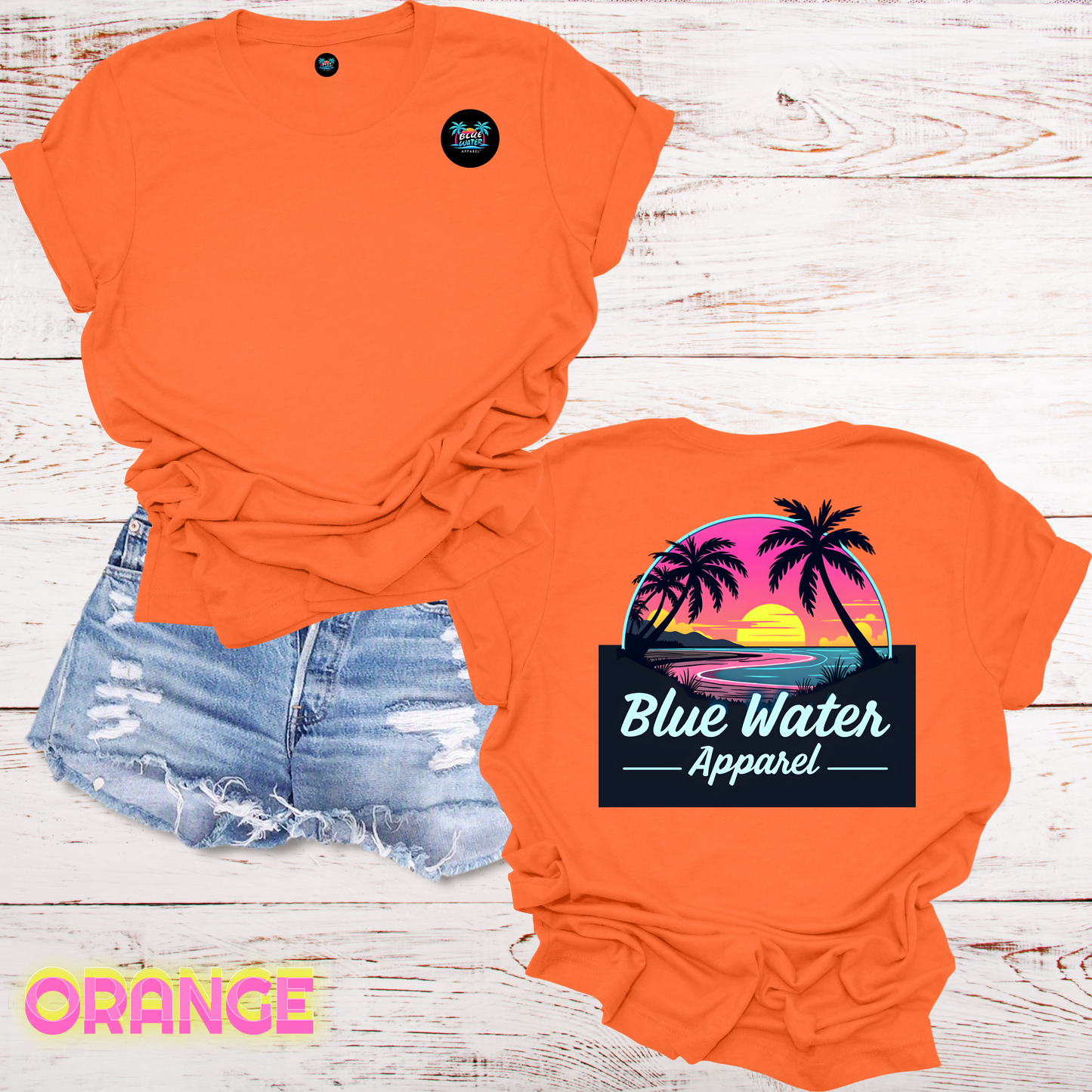 Neon Sunset Tropical T-Shirt Back Graphic w/Front Logo, Design by Blue Water Apparel, Unisex Tee, 13 Colors Available