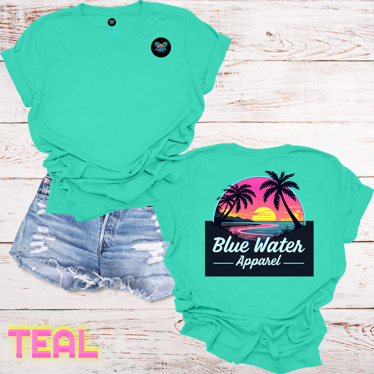 Neon Sunset Tropical T-Shirt Back Graphic w/Front Logo, Design by Blue Water Apparel, Unisex Tee, 13 Colors Available