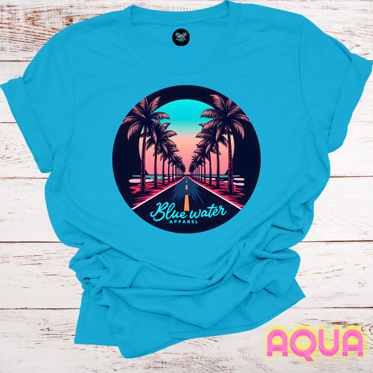 Palm Tree Road Unisex Soft Tee by Blue Water Apparel, Front Placement of Graphic, 13 Colors