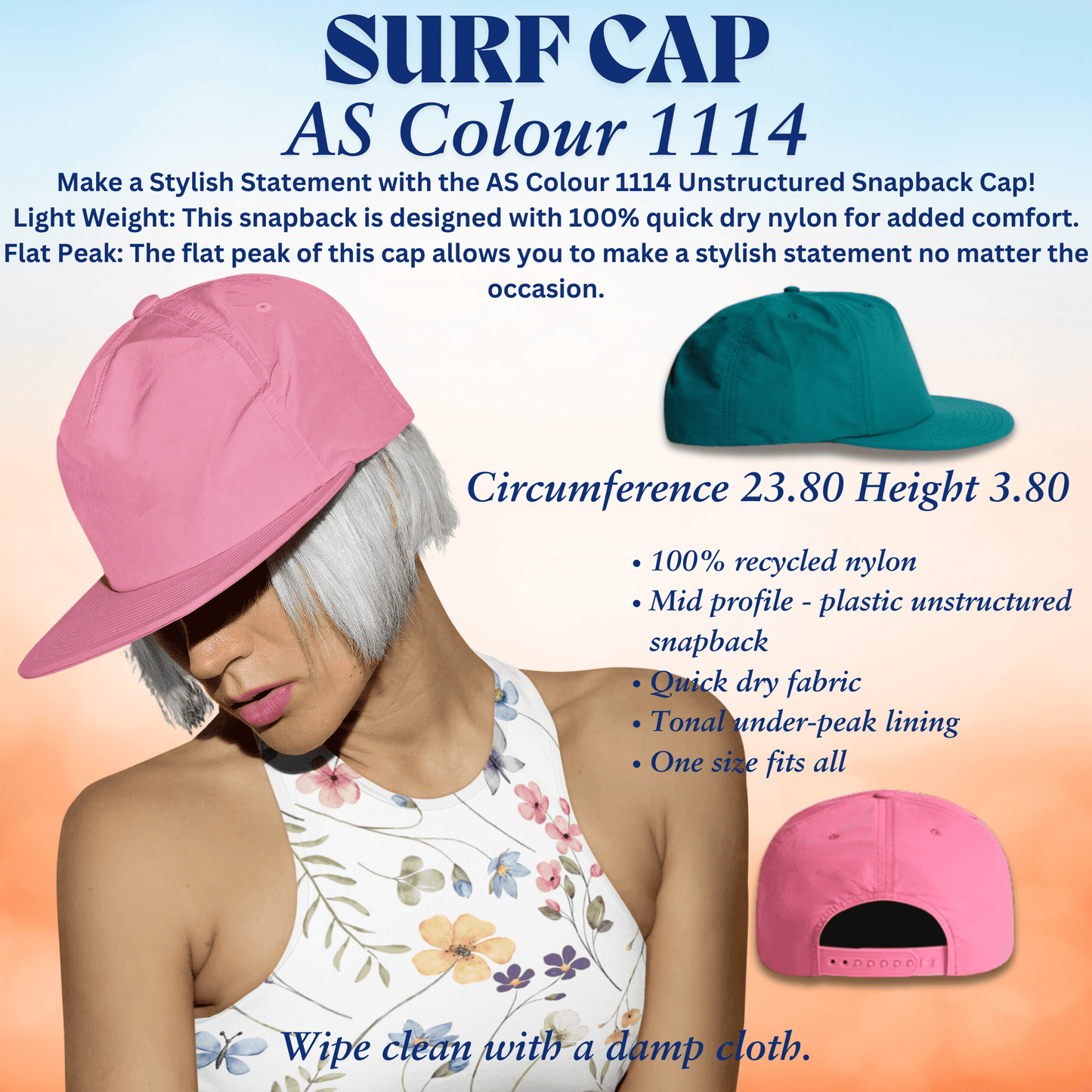 measurements and description graphic tropical sunset surf cap by blue water apparel
