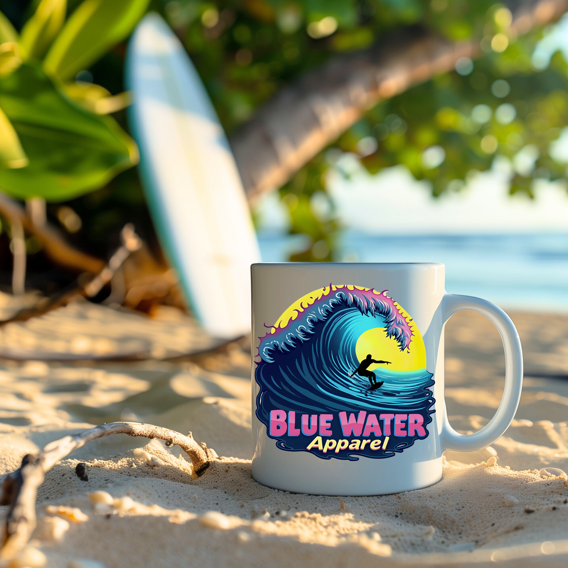 neon surfer mug on beach with surfboard in background by blue water apparel