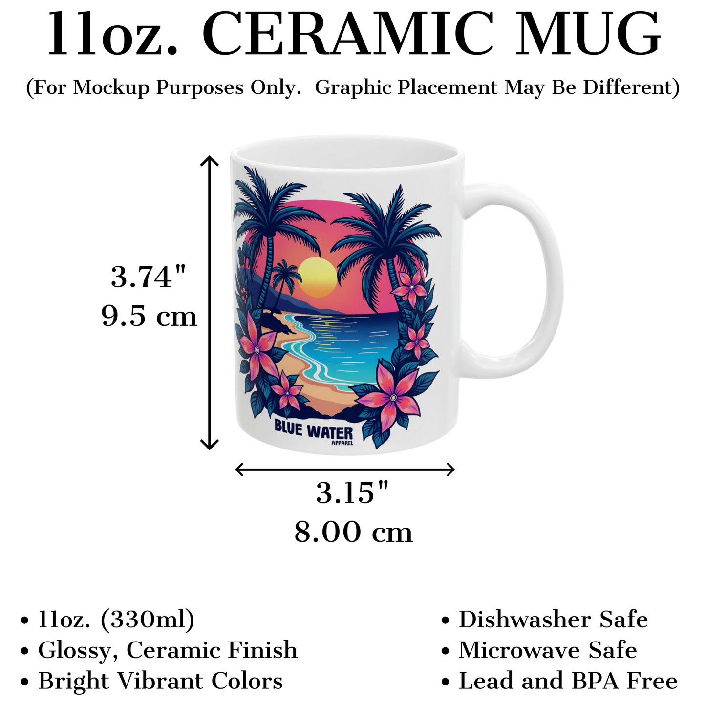 measurement and description graphic of tropical sunset coffee mug by blue water apparel