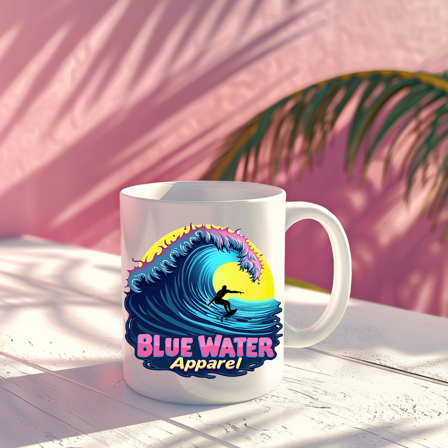neon surfer coffee mug against pink stucco wall by blue water apparel