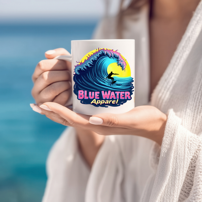 model holding neon surfer coffee mug on beach by blue water apparel