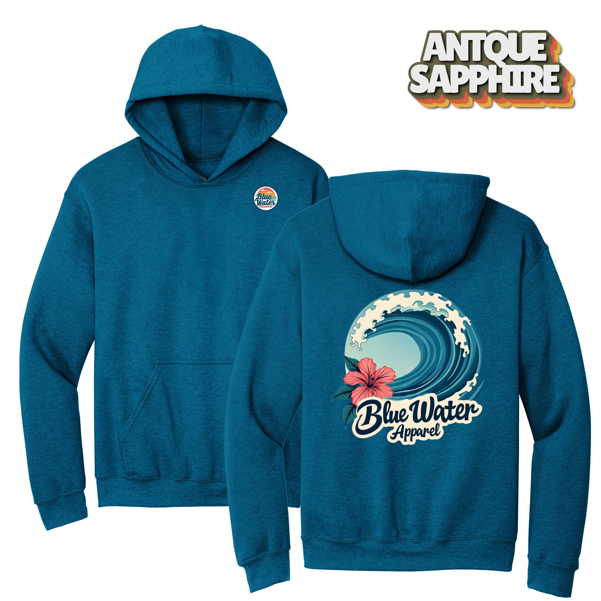 flat lay antique sapphire hibiscus wave hoodie by blue water apparel