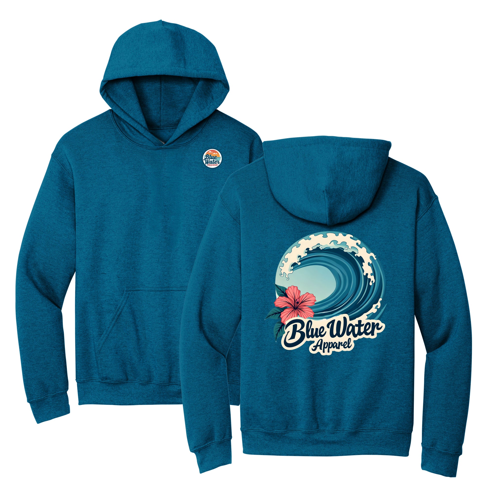 flat lay antique sapphire hibiscus wave hoodie by blue water apparel