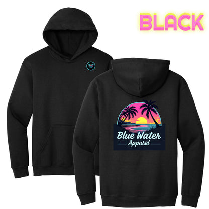 flat lay black neon sunset hoodie by blue water apparel