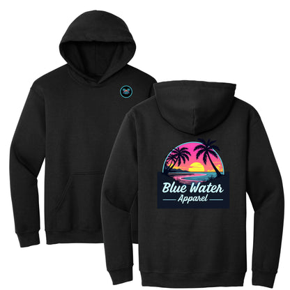 flat lay black neon sunset hoodie by blue water apparel