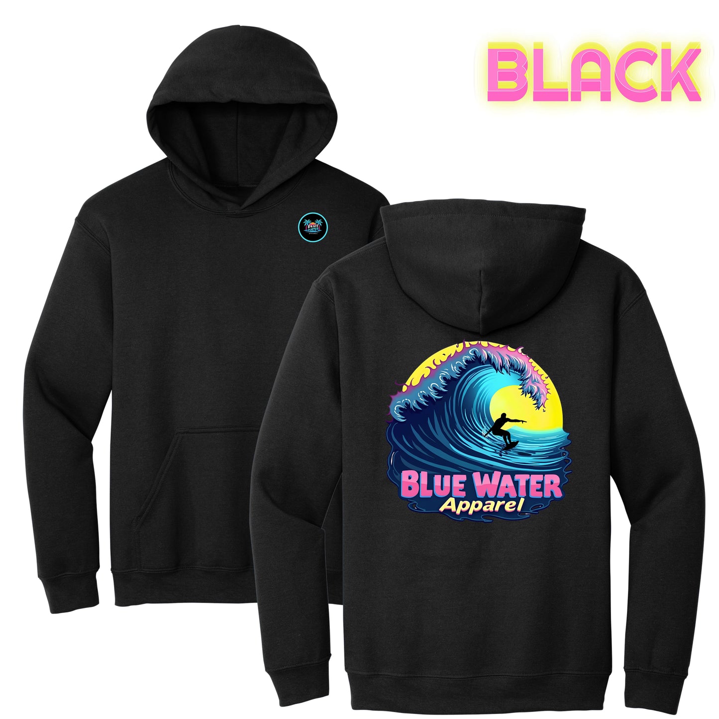 flat lay black neon surfer hoodie by blue water apparel