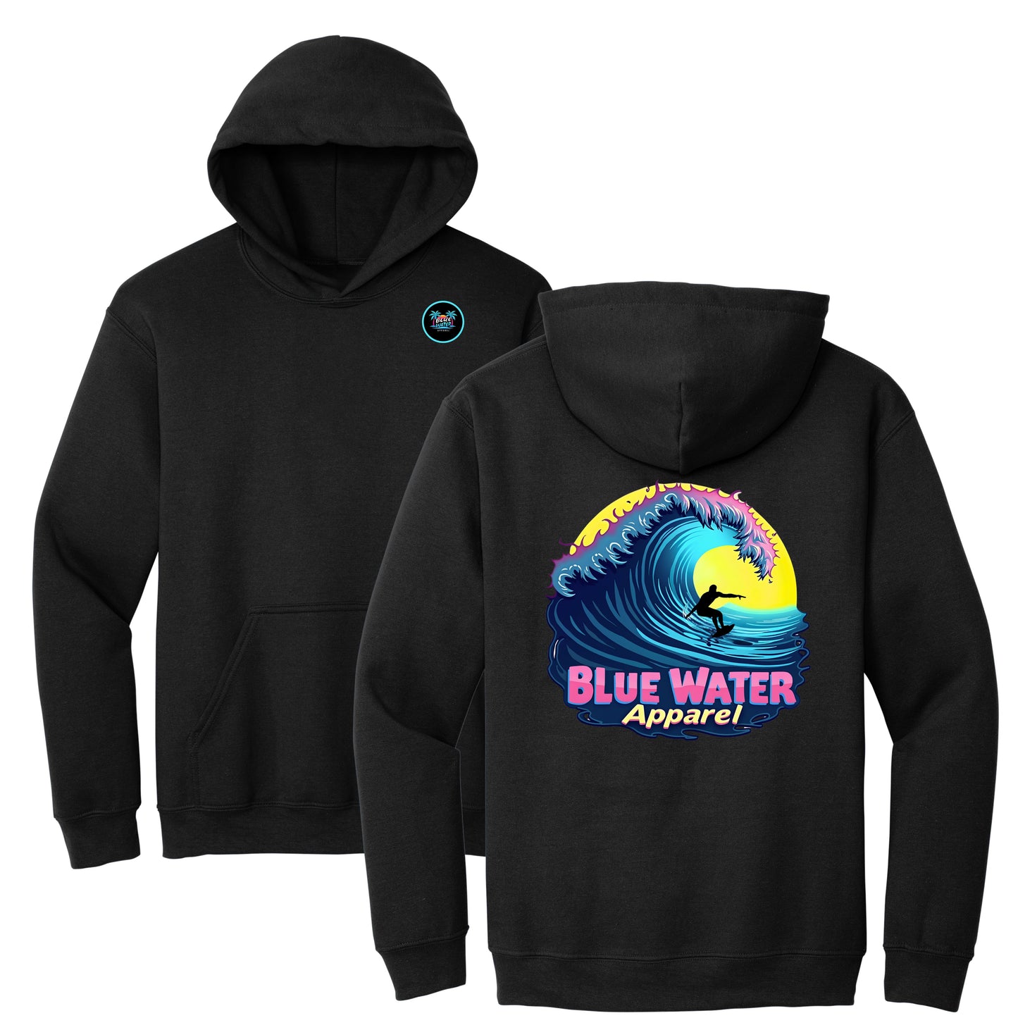 flat lay black neon surfer adult hoodie by blue water apparel