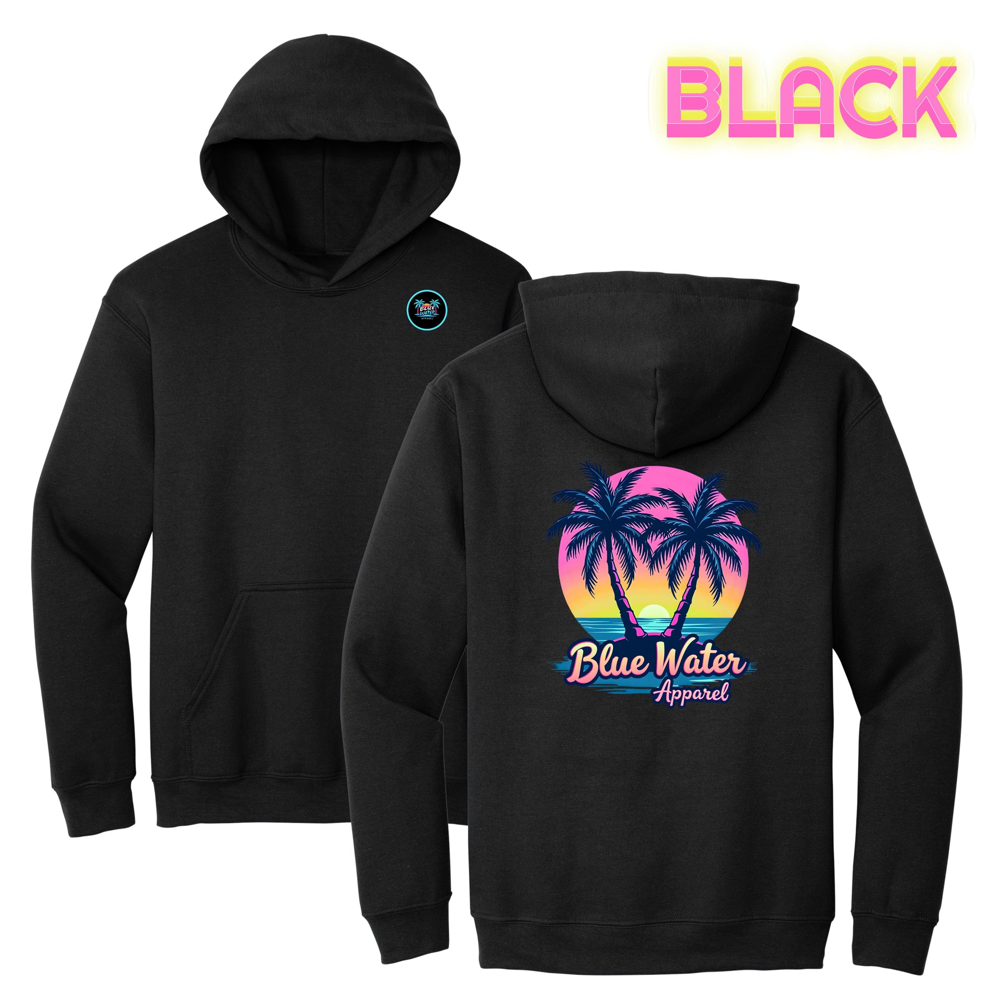 flat lay black neon tropics hoodie by blue water apparel