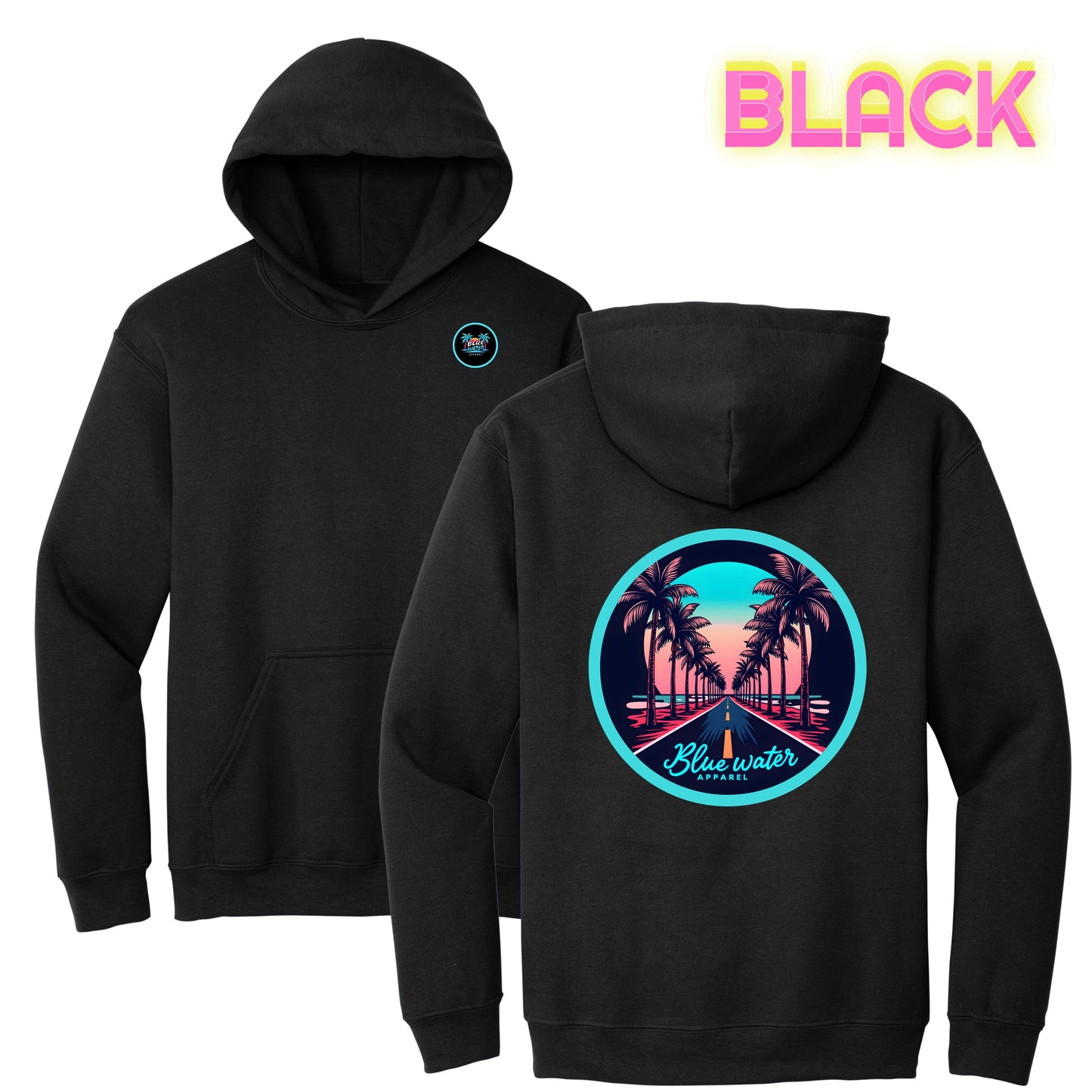 flat lay black palm tree road hoodie by blue water apparel