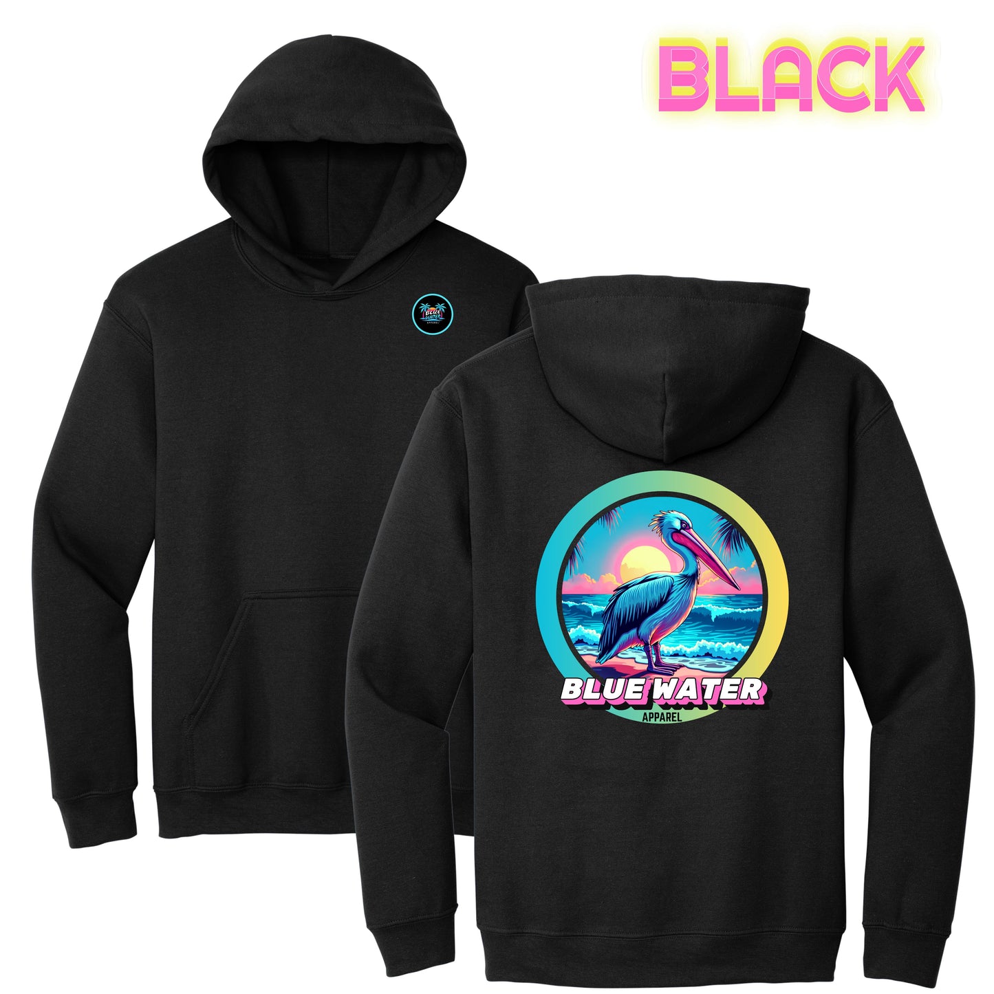 flat lay black retro pelican hoodie by blue water apparel
