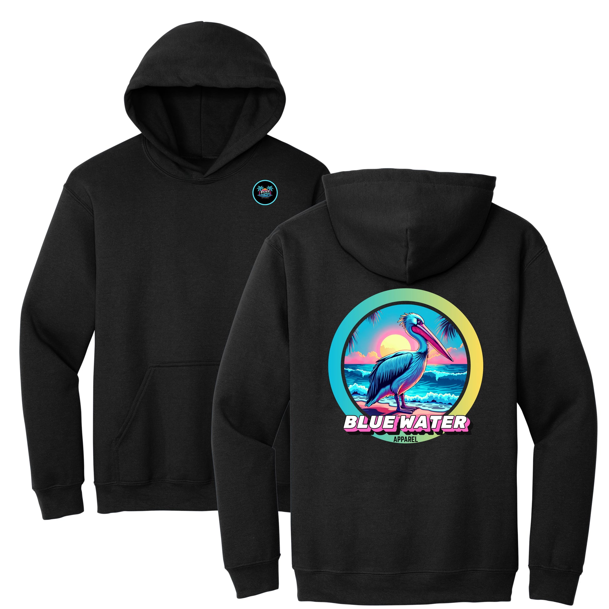 flat lay black retro pelican hoodie by blue water apparel