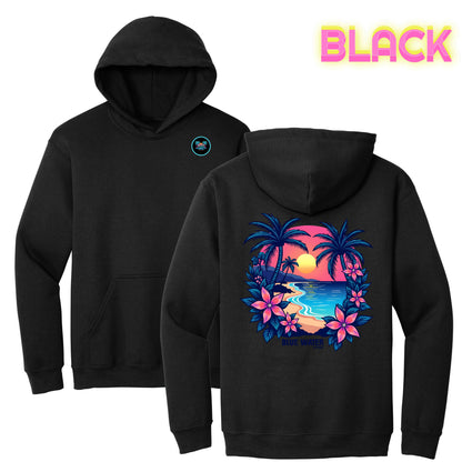 flat lay black tropical sunset hoodie by blue water apparel
