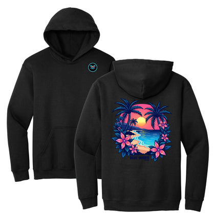 flat lay black tropical sunset hoodie by blue water apparel