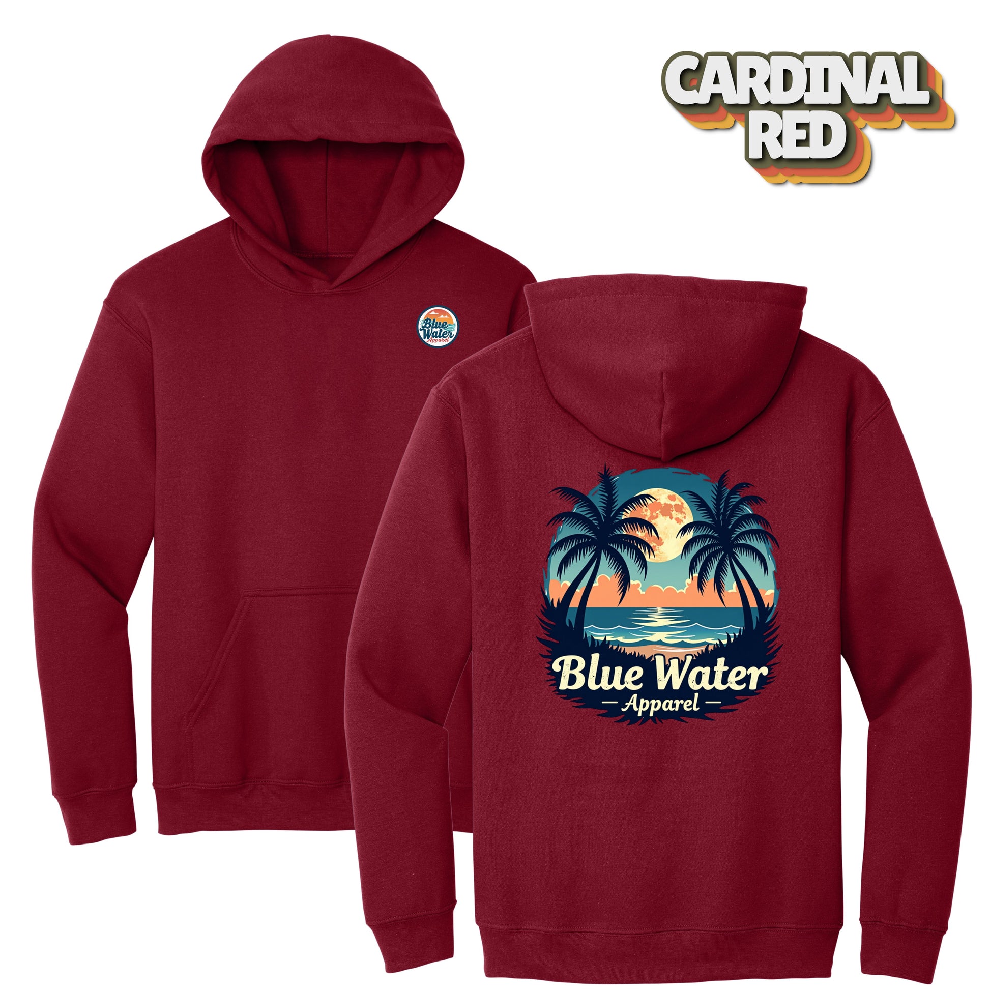 flat lay cardinal red tropical moon hoodie by blue water apparel