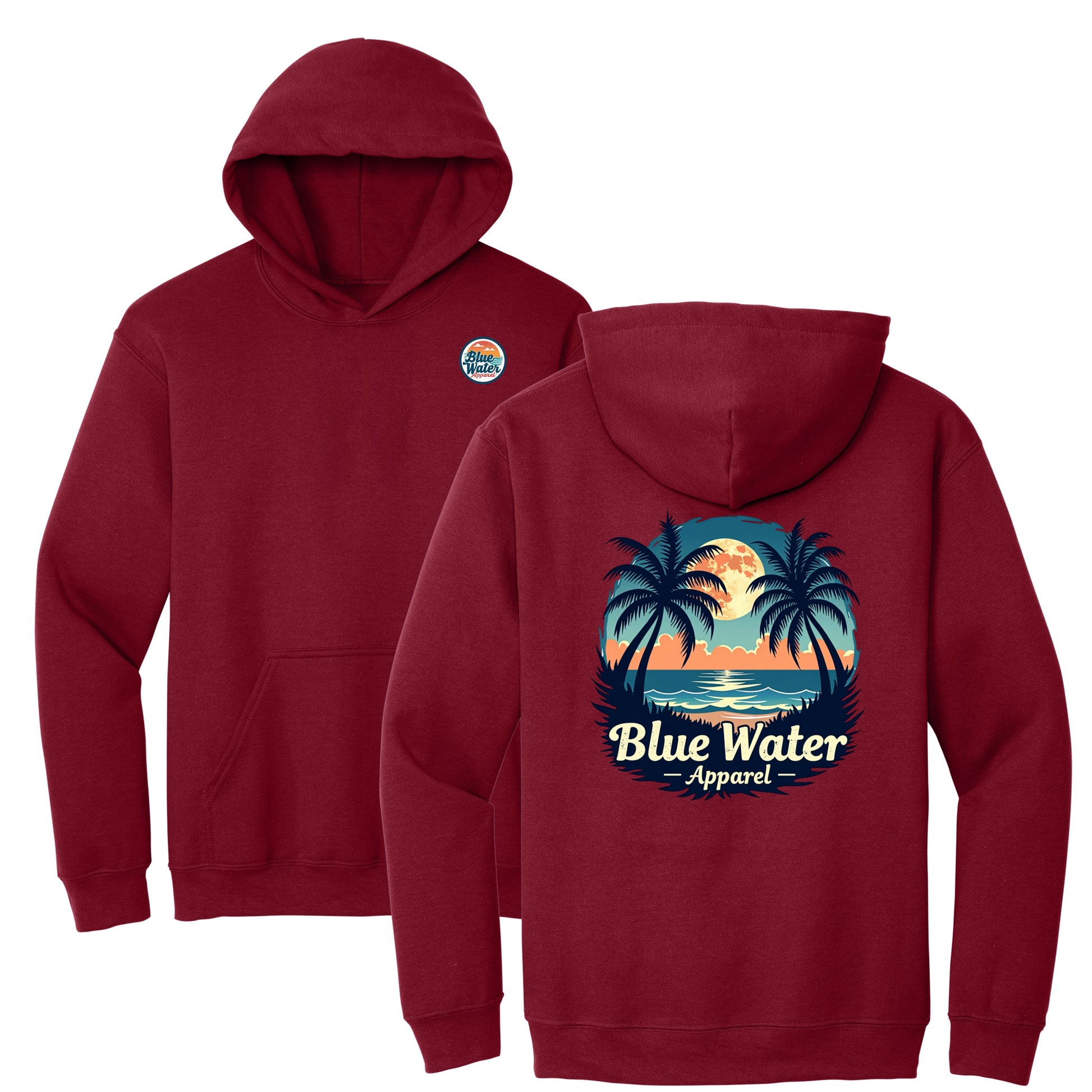 flat lay cardinal red tropical moon hoodie by blue water apparel