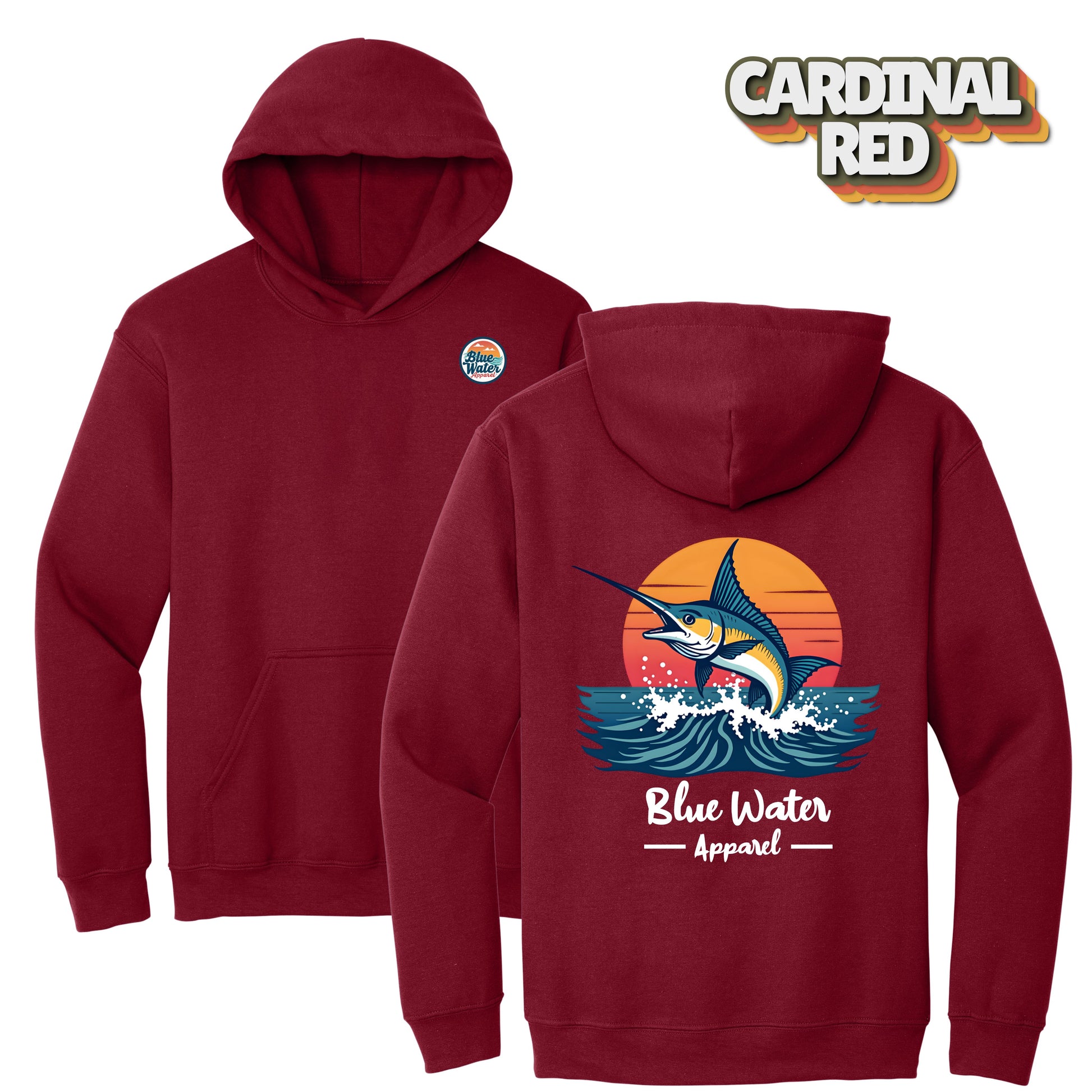 flat lay back graphic cardinal red vintage marlin hoodie by blue water apparel