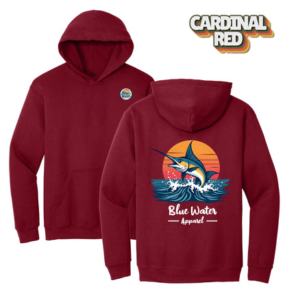 flat lay back graphic cardinal red vintage marlin hoodie by blue water apparel