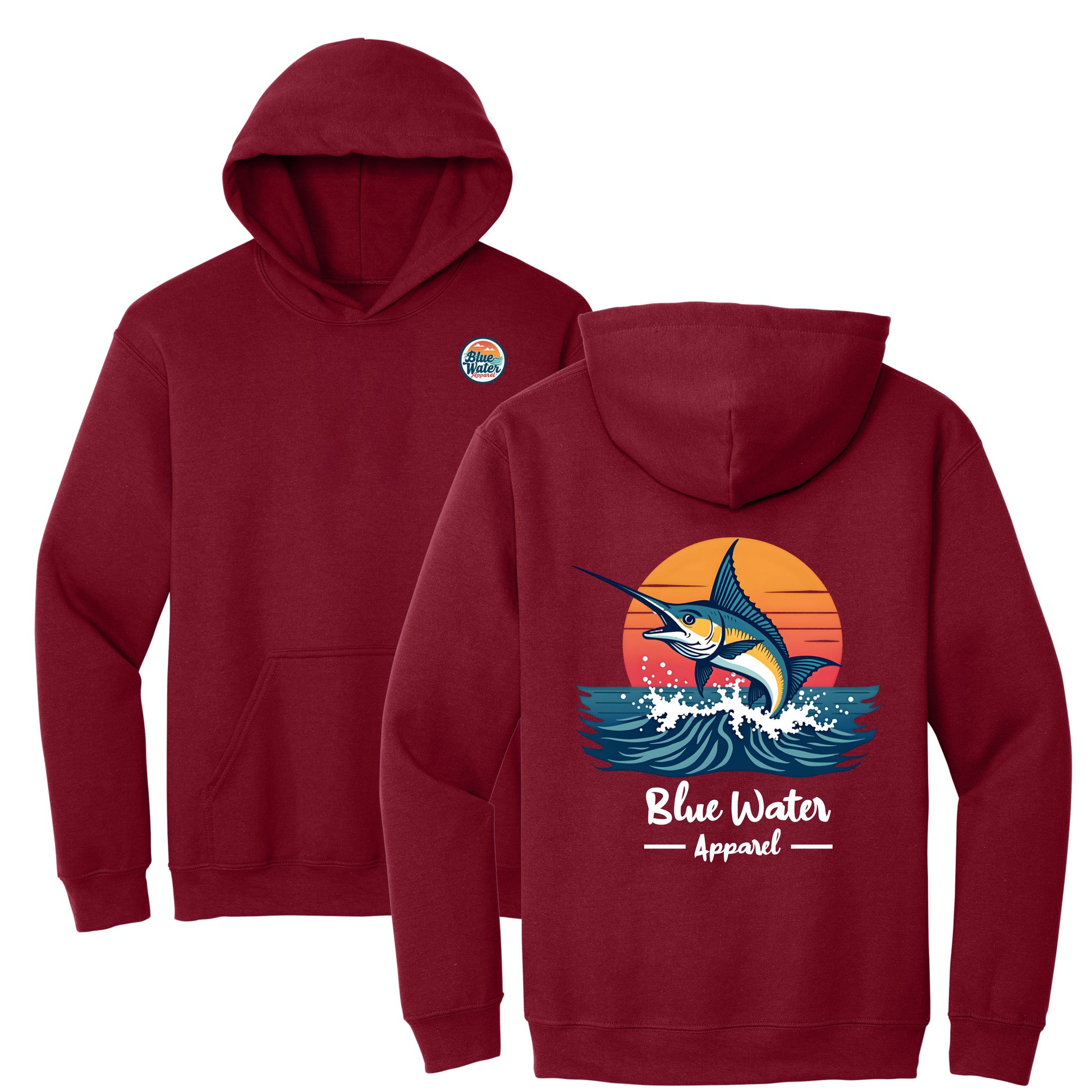 flat lay cardinal red vintage marlin hoodie by blue water apparel